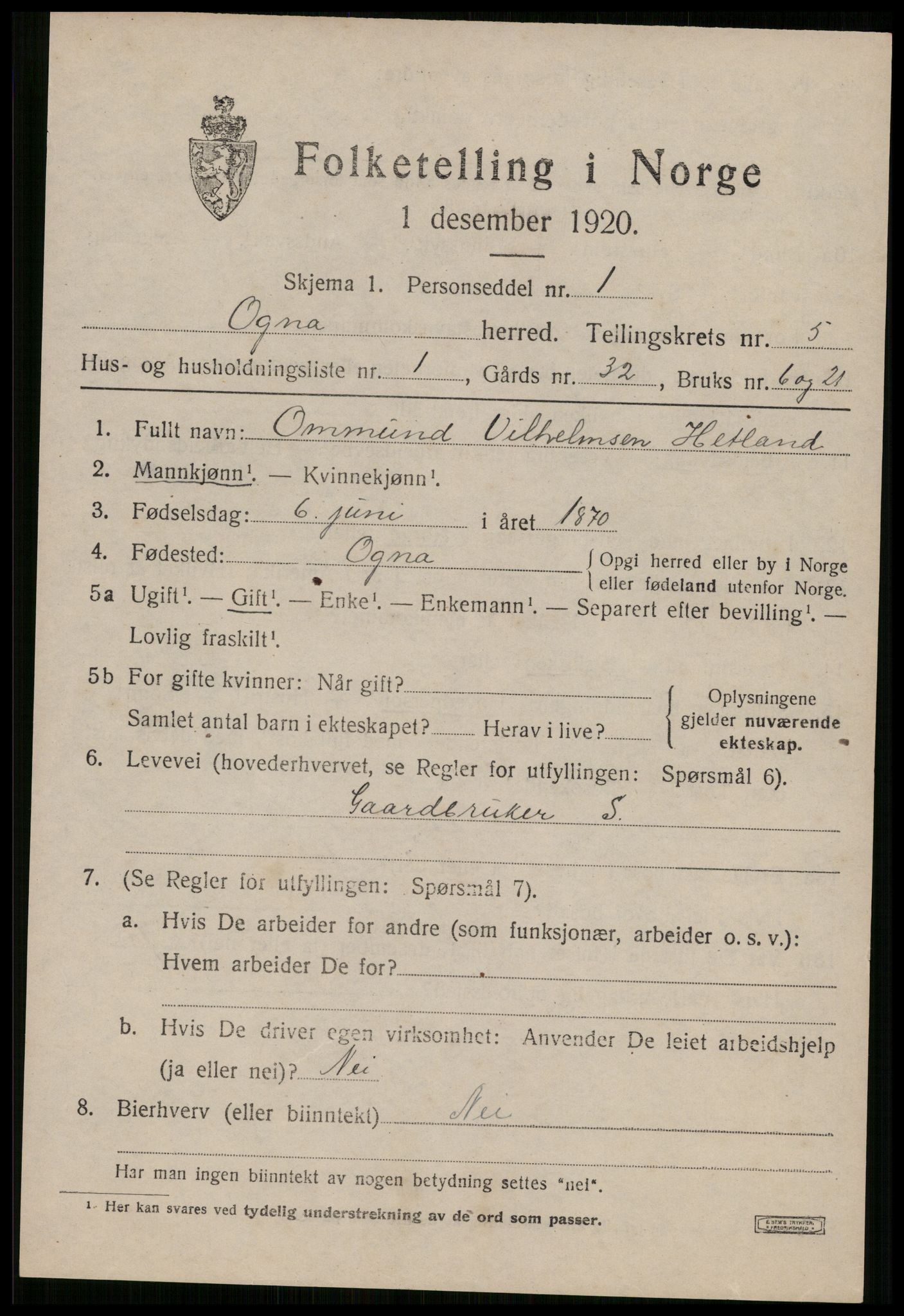 SAST, 1920 census for Ogna, 1920, p. 3005