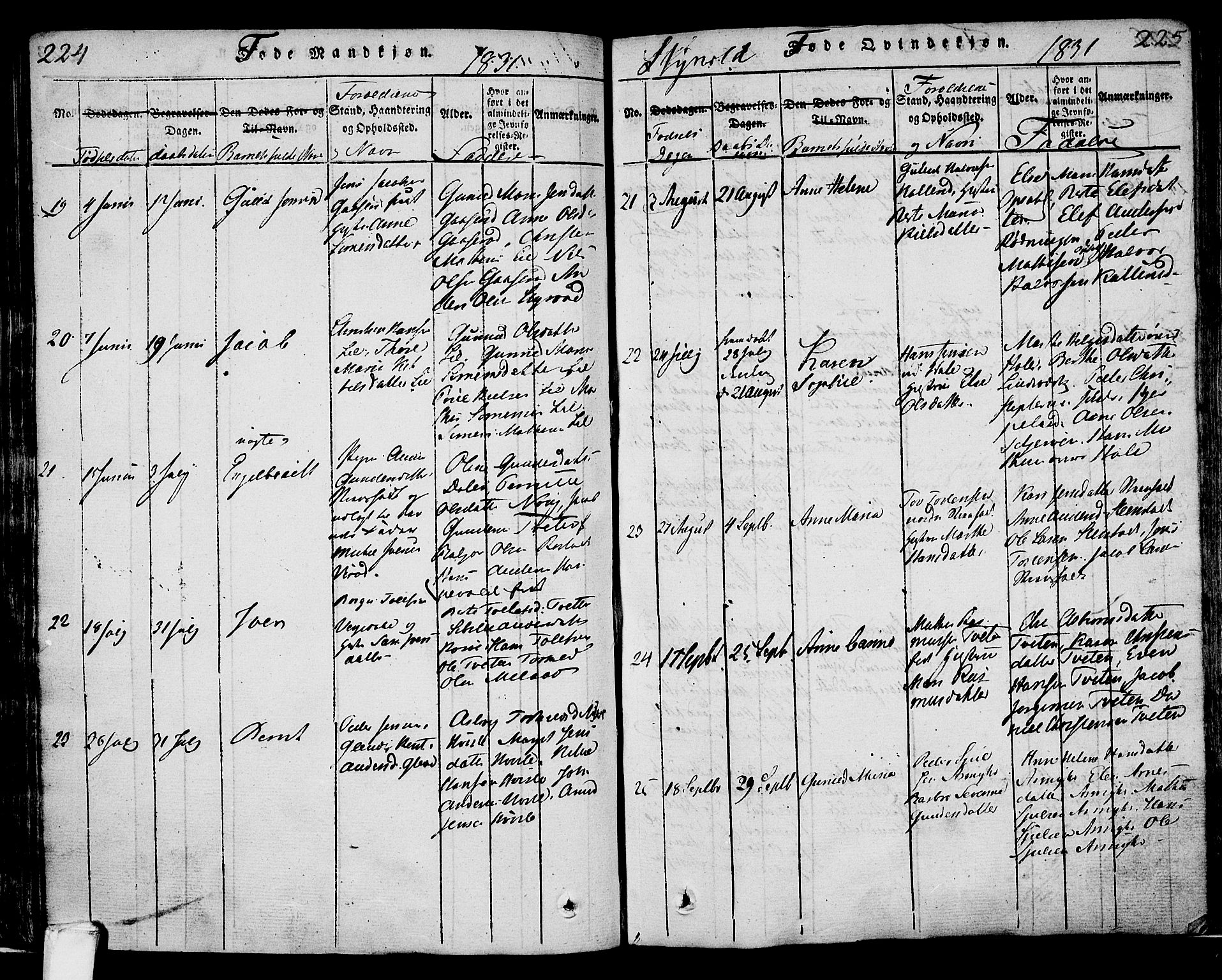 Lardal kirkebøker, AV/SAKO-A-350/F/Fa/L0005: Parish register (official) no. I 5, 1814-1835, p. 224-225