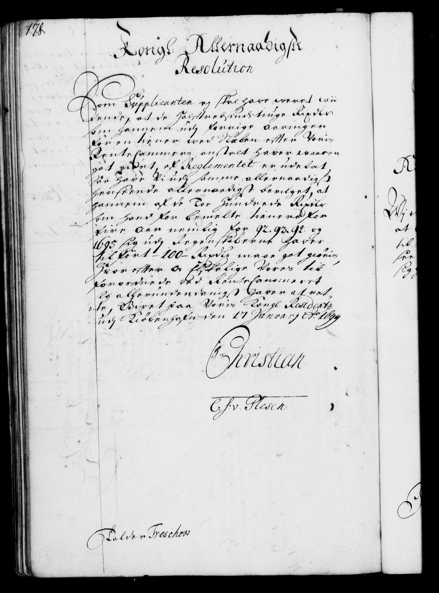 Rentekammeret, Kammerkanselliet, RA/EA-3111/G/Gf/Gfa/L0001: Resolusjonsprotokoll med register (merket RK 52.1), 1695-1706, p. 178