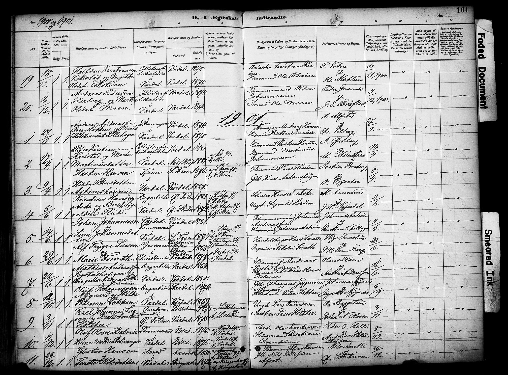 Vardal prestekontor, AV/SAH-PREST-100/H/Ha/Haa/L0012: Parish register (official) no. 12, 1893-1904, p. 161
