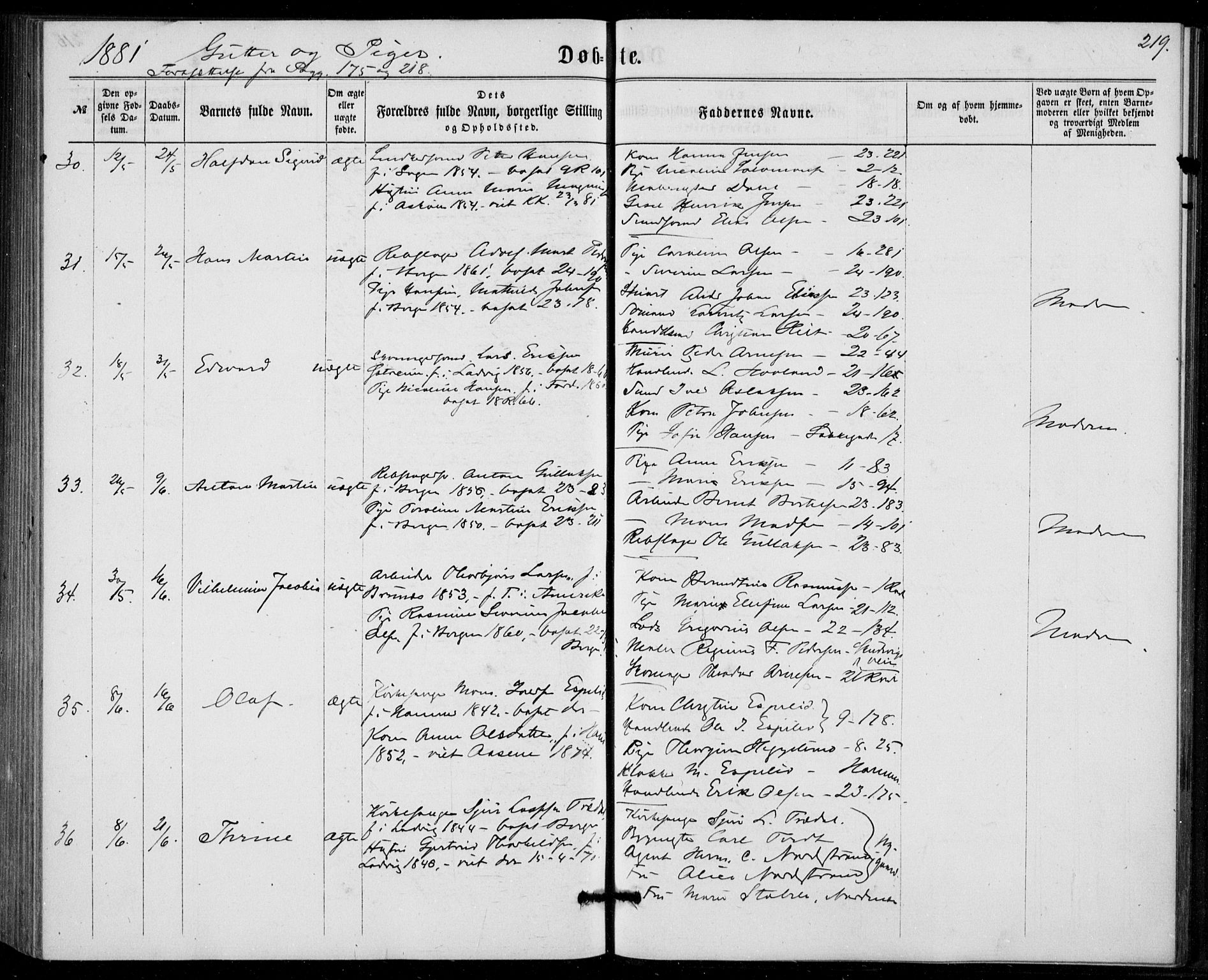 Fødselsstiftelsens sokneprestembete, ført av overlegen*, SAB/-: Parish register (official) no. A 1, 1863-1883, p. 219