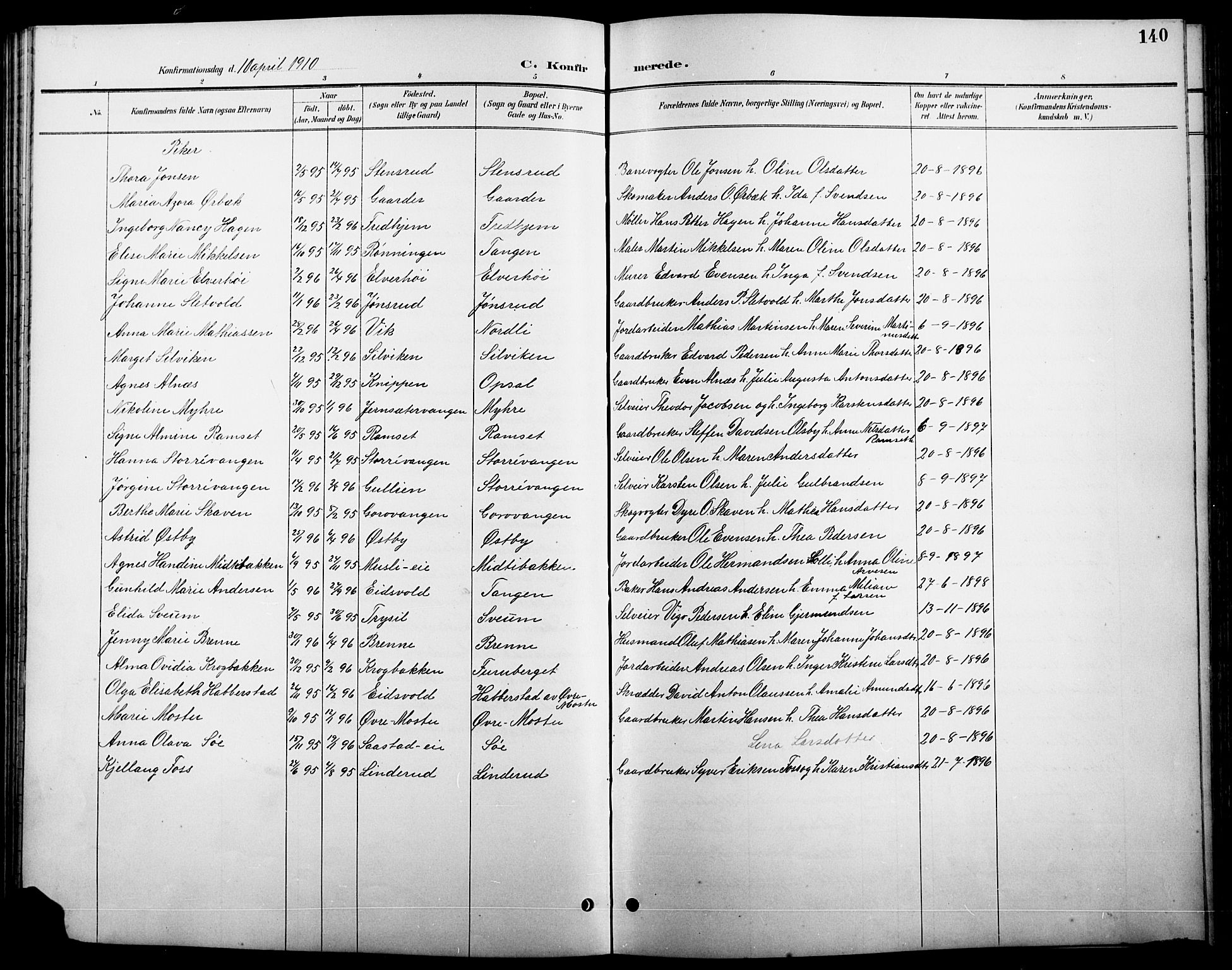 Stange prestekontor, SAH/PREST-002/L/L0011: Parish register (copy) no. 11, 1895-1917, p. 140