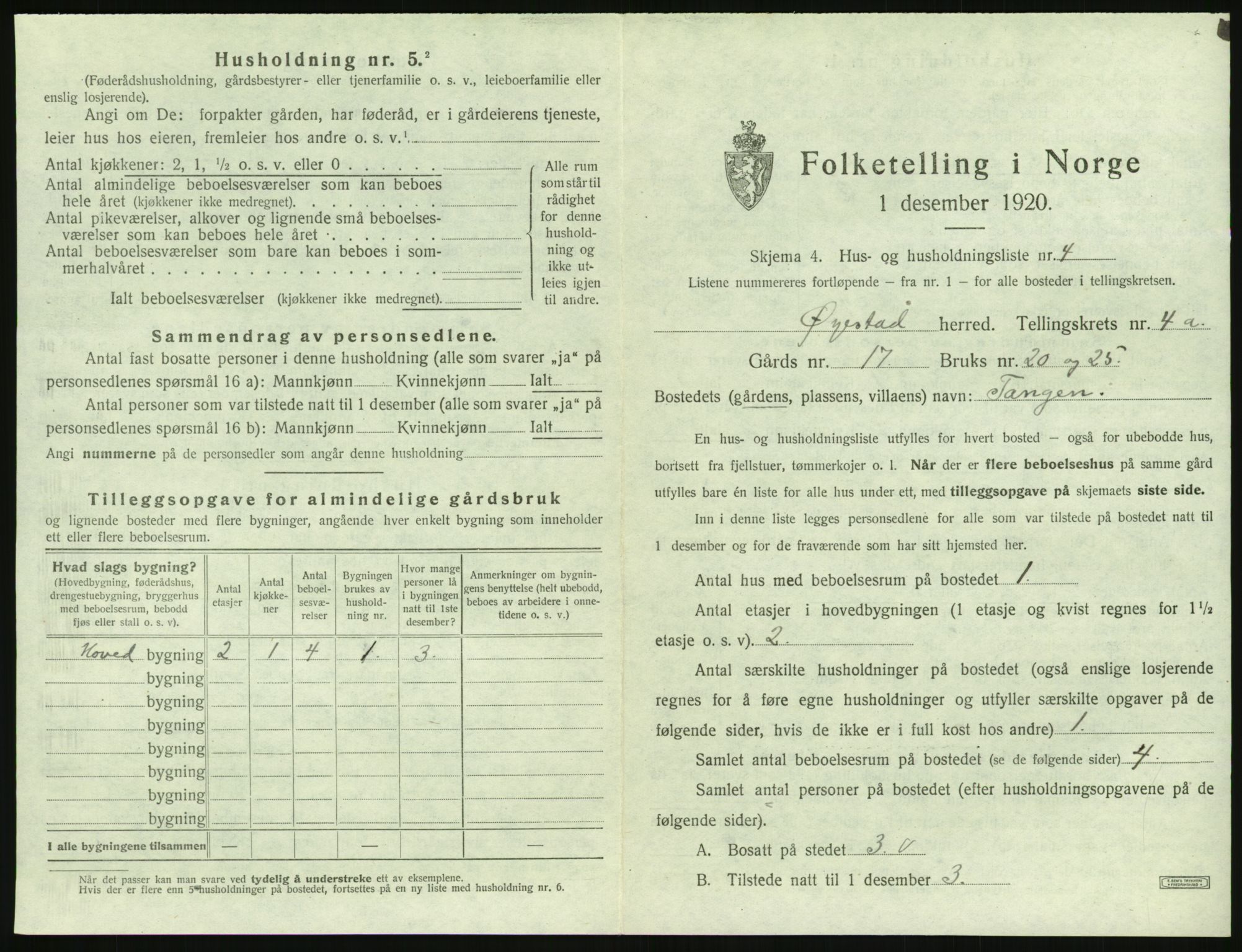 SAK, 1920 census for Øyestad, 1920, p. 306