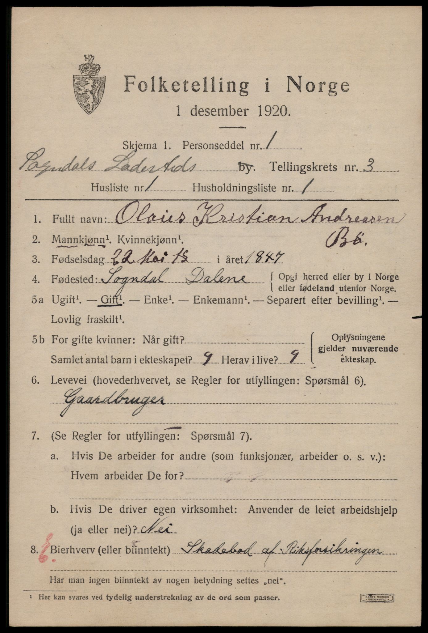 SAST, 1920 census for Sokndal town, 1920, p. 911