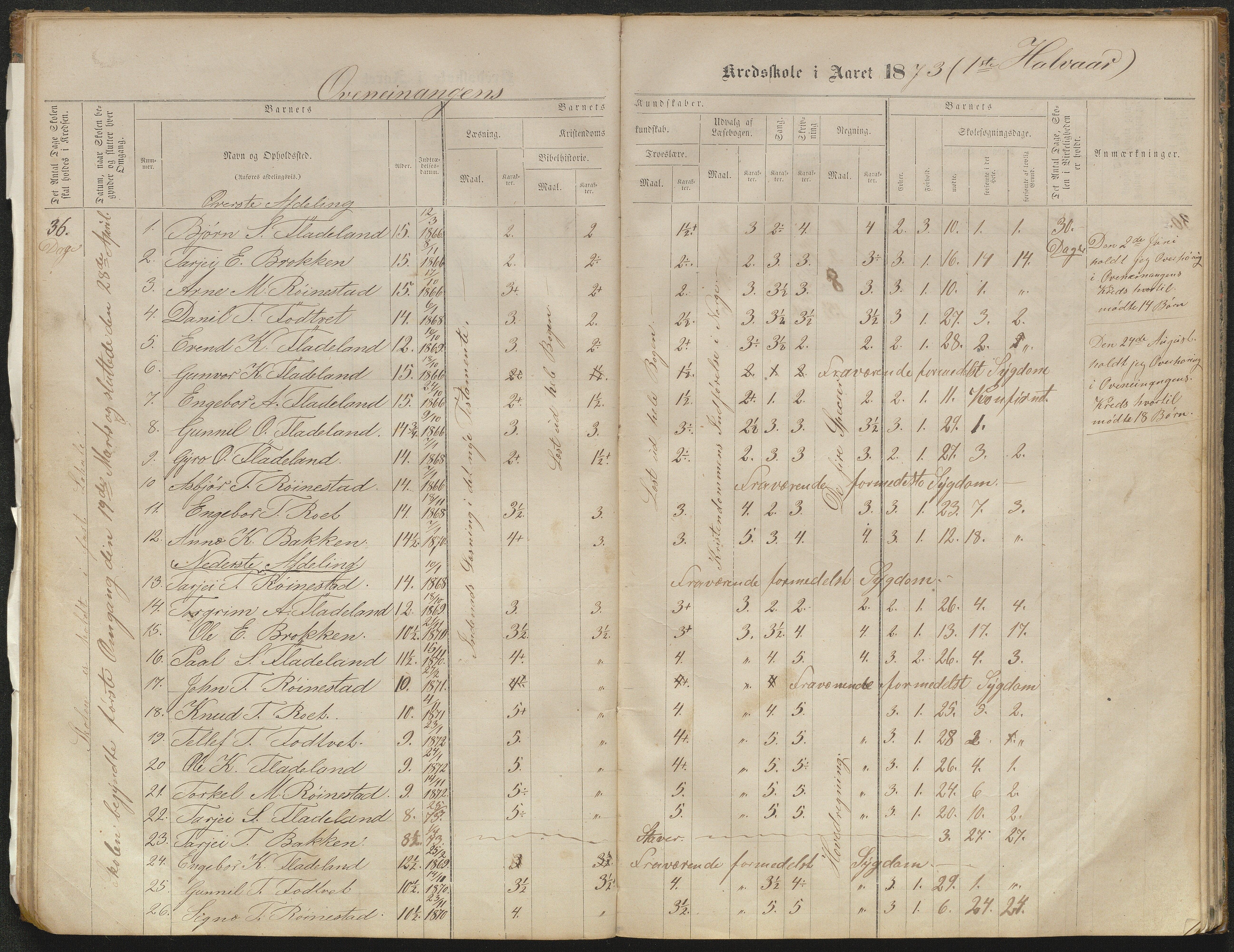 Valle kommune, AAKS/KA0940-PK/03/L0051: Protokoll over skolehold og skolesøkning for Bjørnarå og Løland, 1863-1881