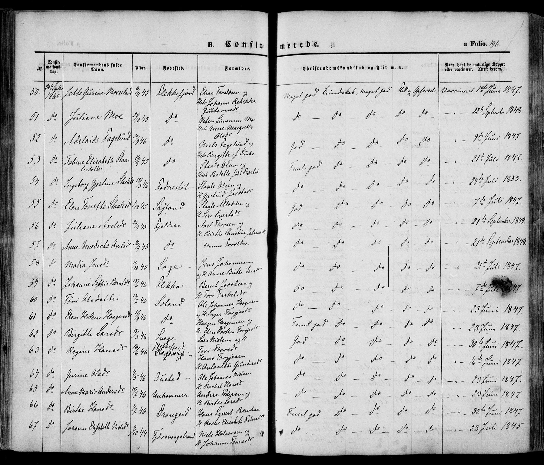 Flekkefjord sokneprestkontor, AV/SAK-1111-0012/F/Fa/Fac/L0005: Parish register (official) no. A 5, 1849-1875, p. 196