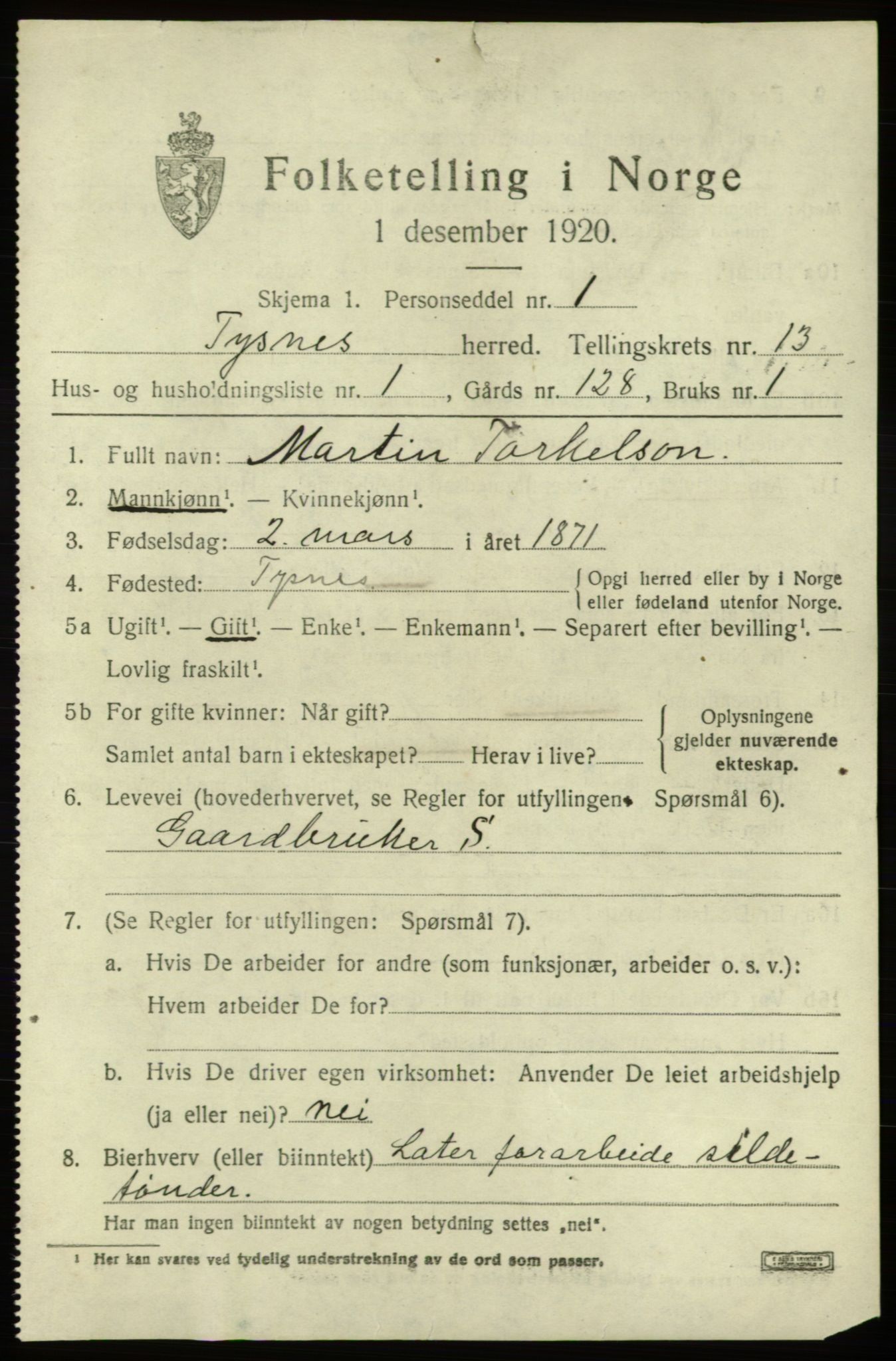 SAB, 1920 census for Tysnes, 1920, p. 8552