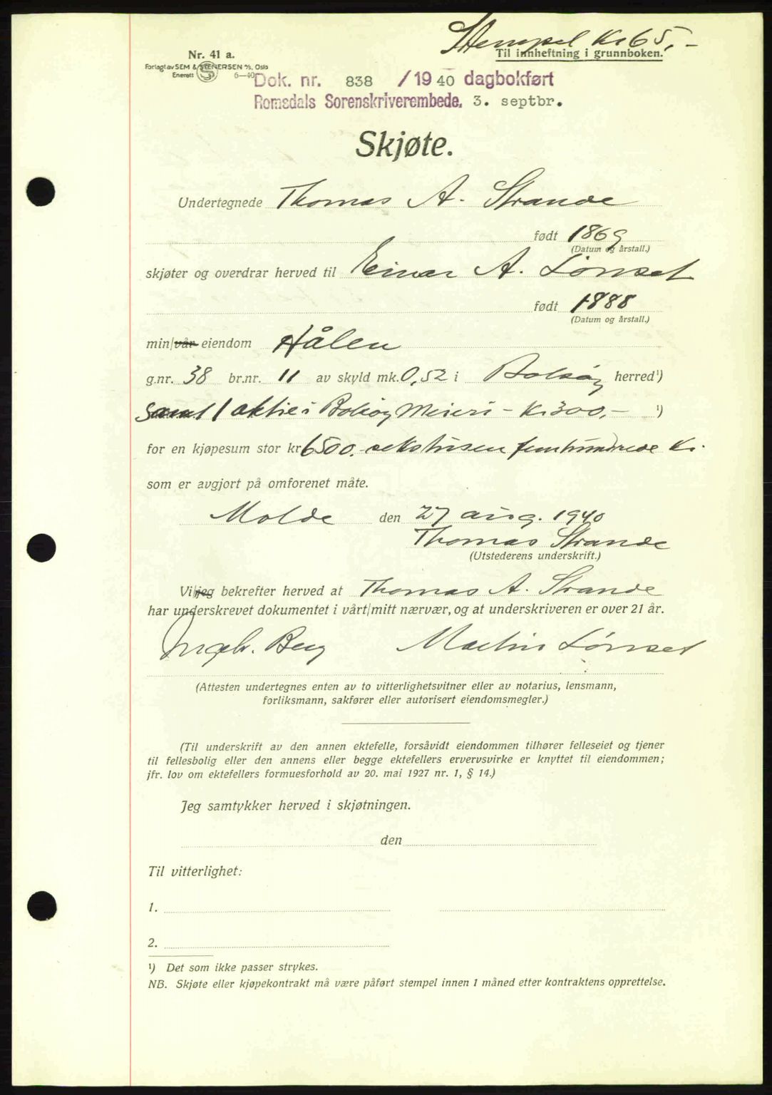 Romsdal sorenskriveri, AV/SAT-A-4149/1/2/2C: Mortgage book no. A8, 1939-1940, Diary no: : 838/1940