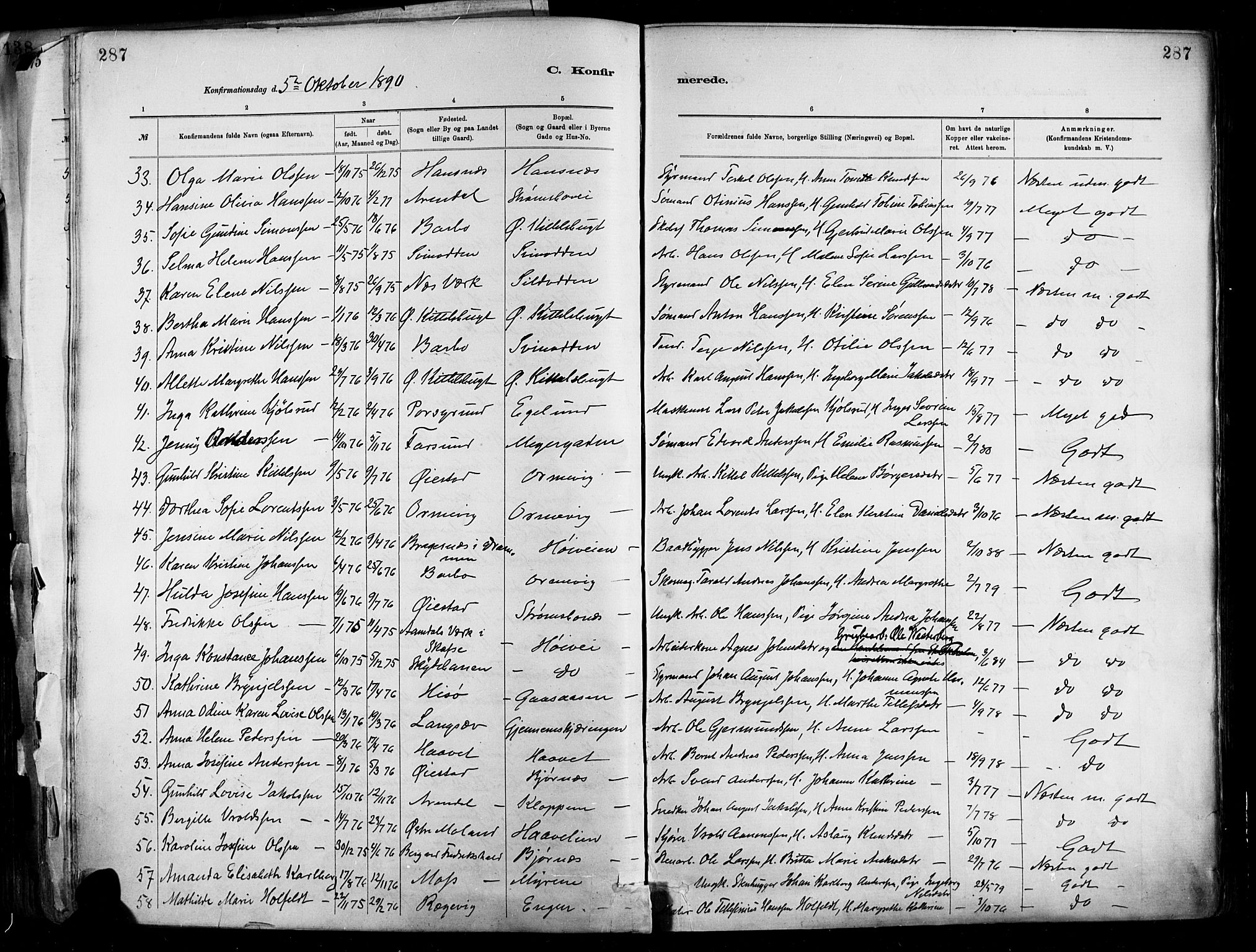 Barbu sokneprestkontor, AV/SAK-1111-0003/F/Fa/L0002: Parish register (official) no. A 2, 1883-1898, p. 287