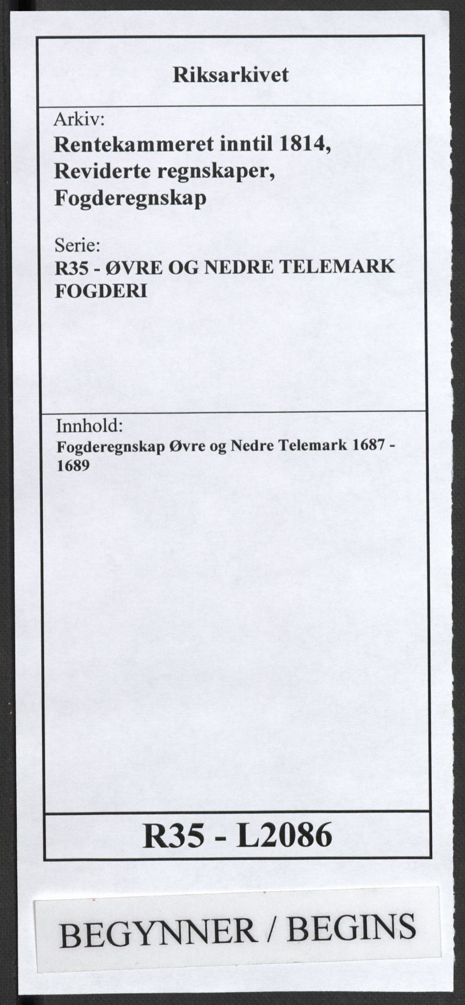 Rentekammeret inntil 1814, Reviderte regnskaper, Fogderegnskap, RA/EA-4092/R35/L2086: Fogderegnskap Øvre og Nedre Telemark, 1687-1689, p. 1