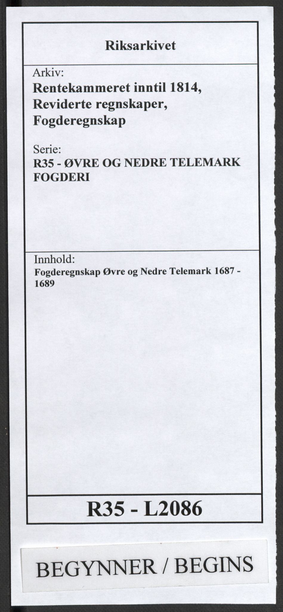 Rentekammeret inntil 1814, Reviderte regnskaper, Fogderegnskap, AV/RA-EA-4092/R35/L2086: Fogderegnskap Øvre og Nedre Telemark, 1687-1689, p. 1