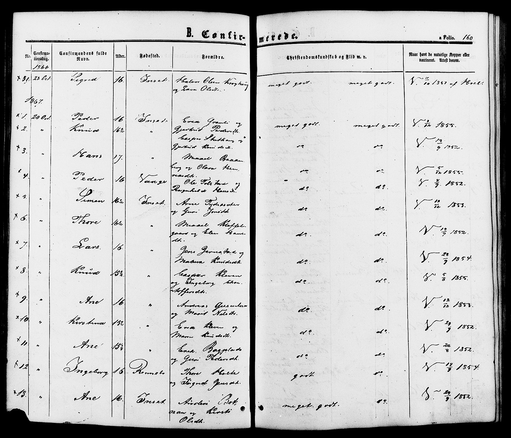 Kvikne prestekontor, SAH/PREST-064/H/Ha/Haa/L0006: Parish register (official) no. 6, 1863-1886, p. 160