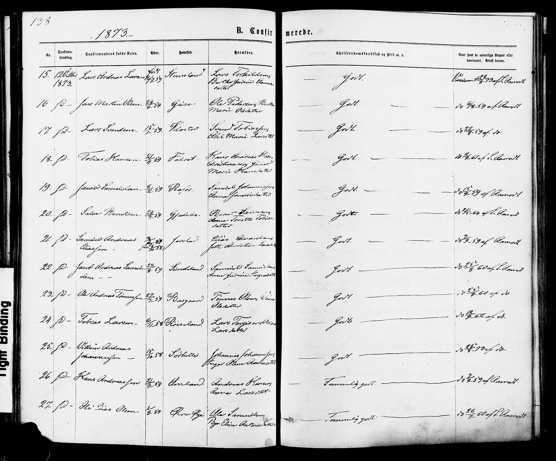 Kvinesdal sokneprestkontor, SAK/1111-0026/F/Fa/Fab/L0007: Parish register (official) no. A 7, 1870-1885, p. 138