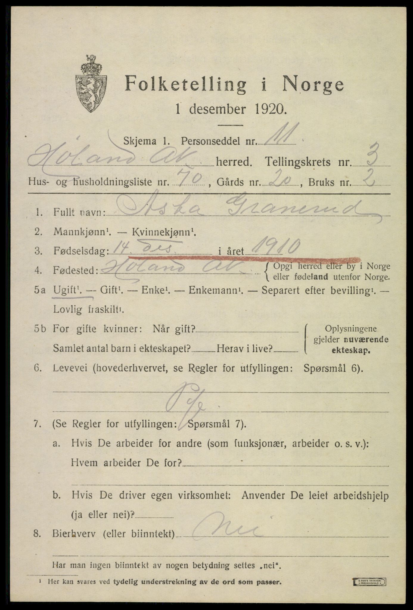 SAO, 1920 census for Høland, 1920, p. 5869