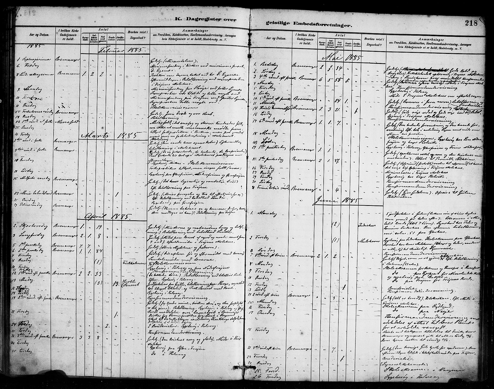 Bremanger sokneprestembete, SAB/A-82201/H/Haa/Haab/L0001: Parish register (official) no. B 1, 1884-1895, p. 218