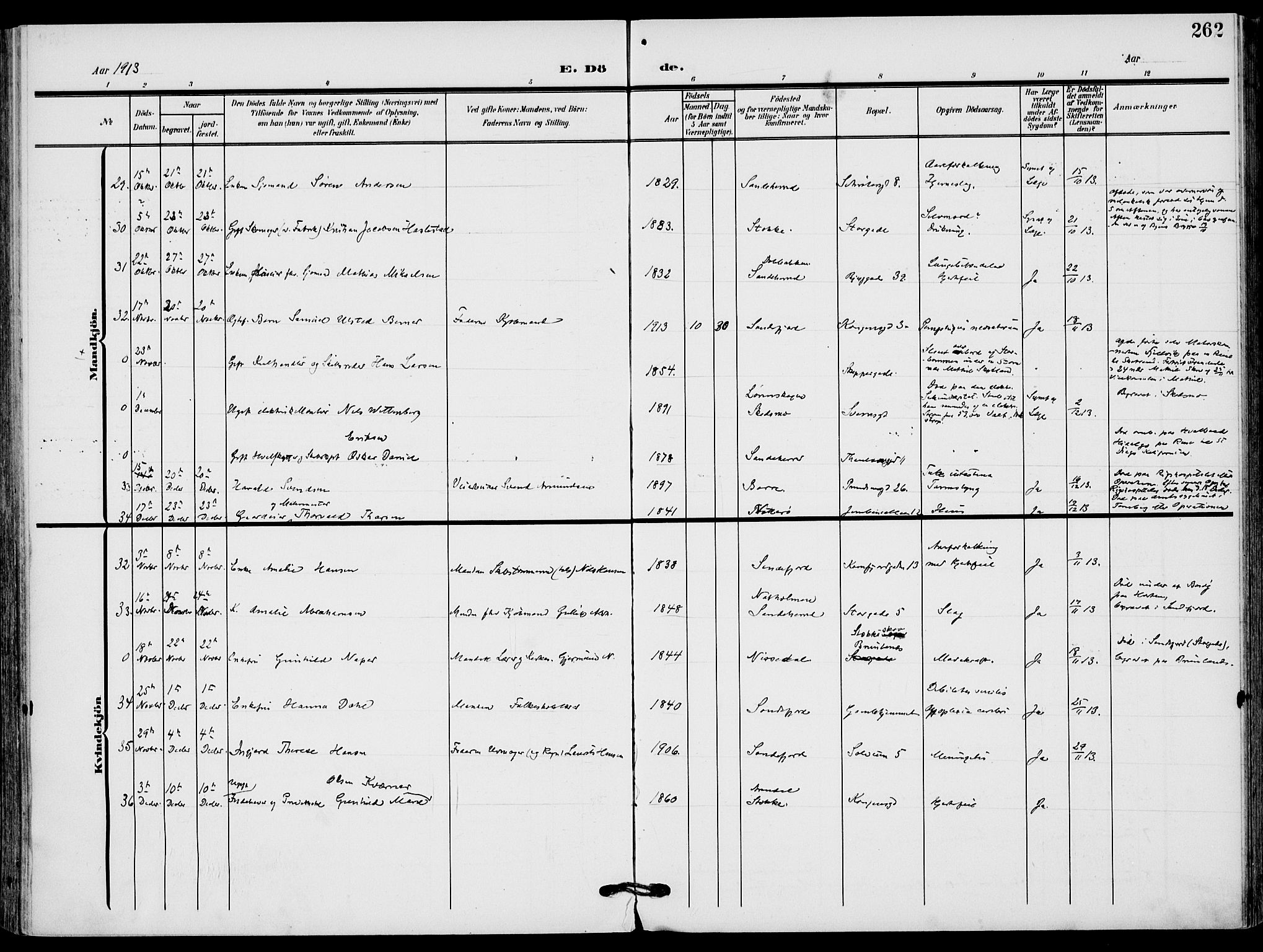 Sandefjord kirkebøker, AV/SAKO-A-315/F/Fa/L0005: Parish register (official) no. 5, 1906-1915, p. 262