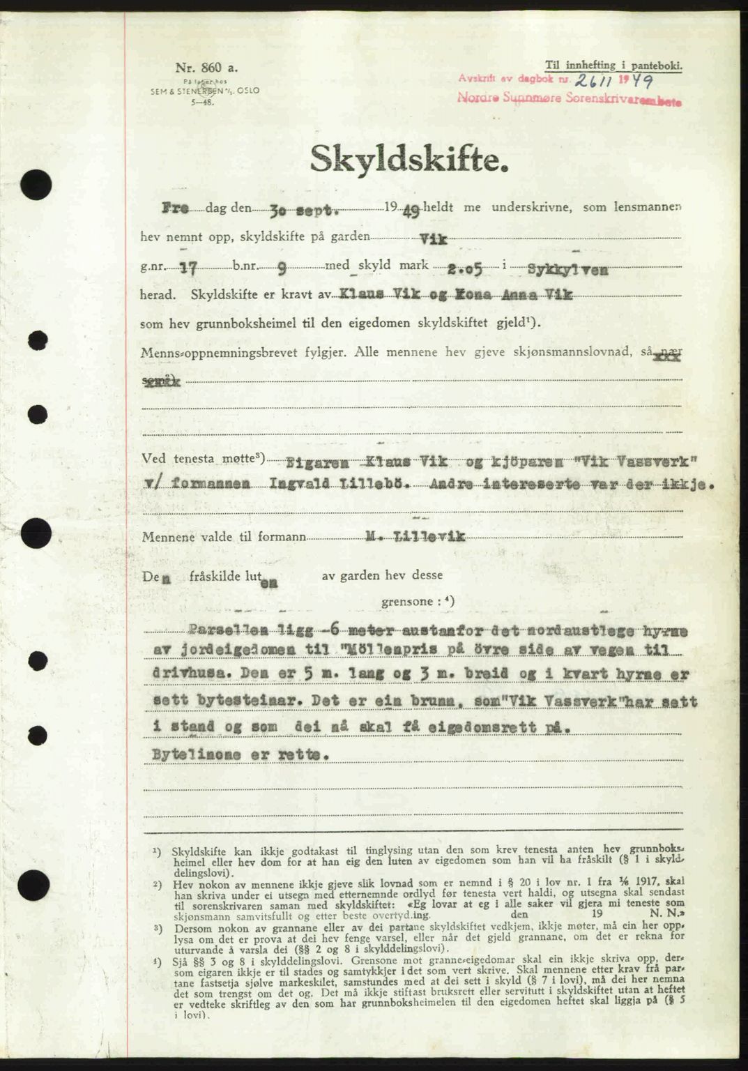 Nordre Sunnmøre sorenskriveri, AV/SAT-A-0006/1/2/2C/2Ca: Mortgage book no. A32, 1949-1949, Diary no: : 2611/1949