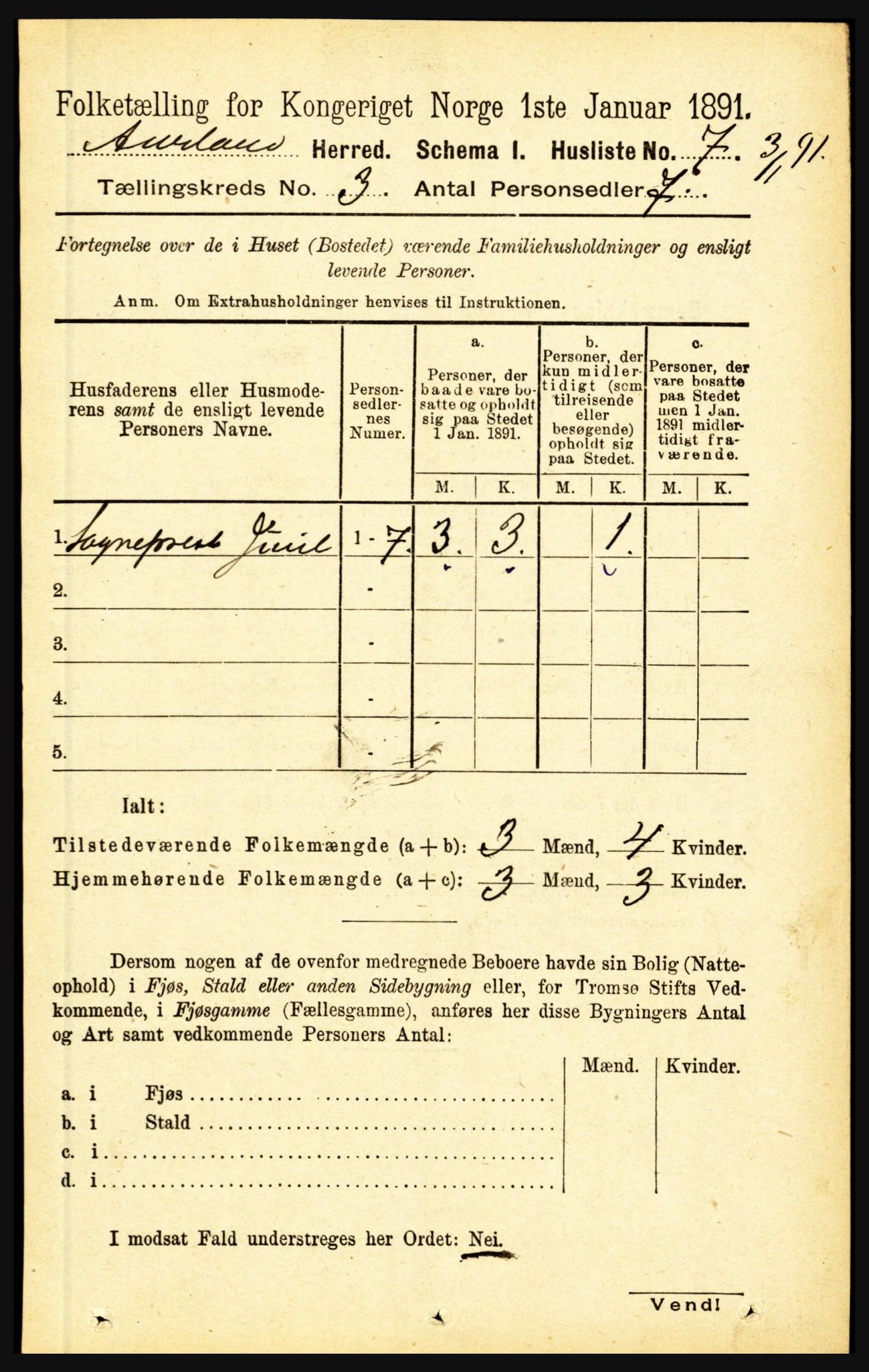 RA, 1891 census for 1421 Aurland, 1891, p. 883