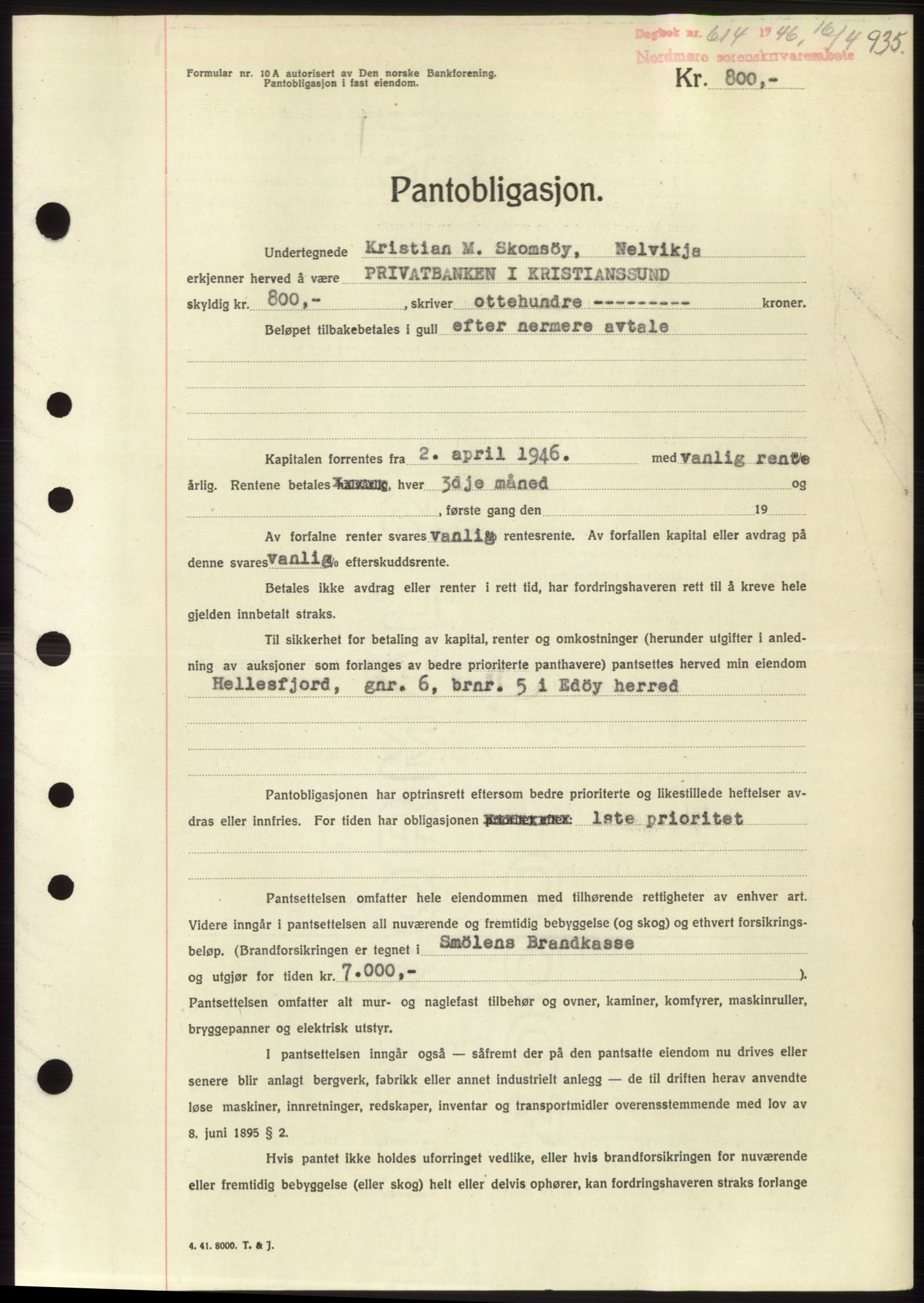 Nordmøre sorenskriveri, AV/SAT-A-4132/1/2/2Ca: Mortgage book no. B93b, 1946-1946, Diary no: : 614/1946