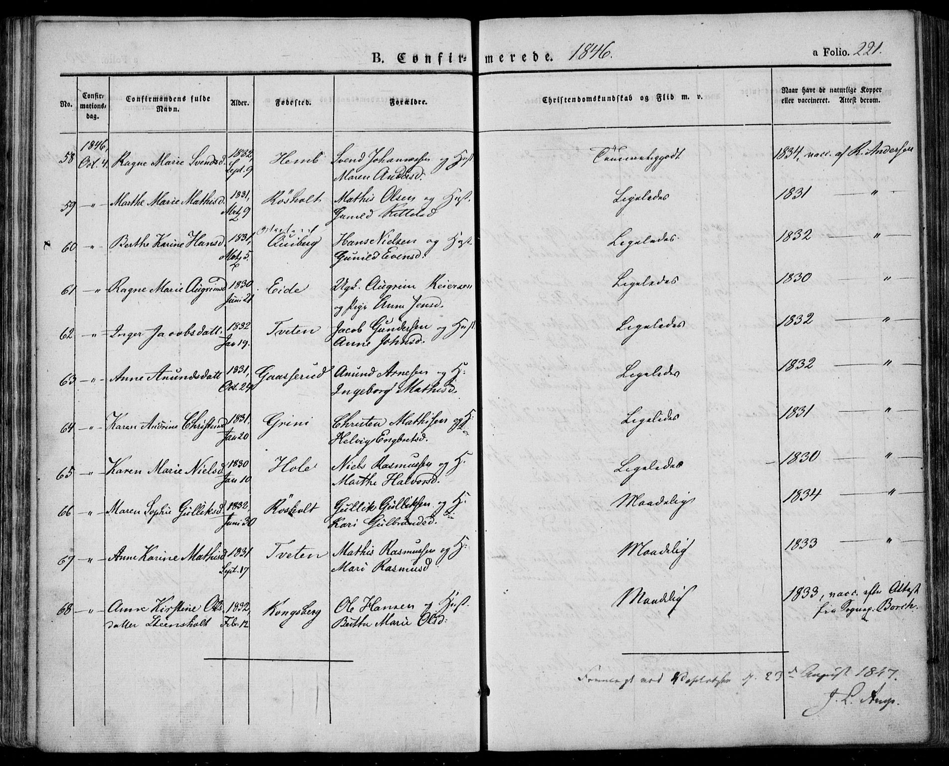 Lardal kirkebøker, SAKO/A-350/F/Fa/L0006: Parish register (official) no. I 6, 1835-1860, p. 221