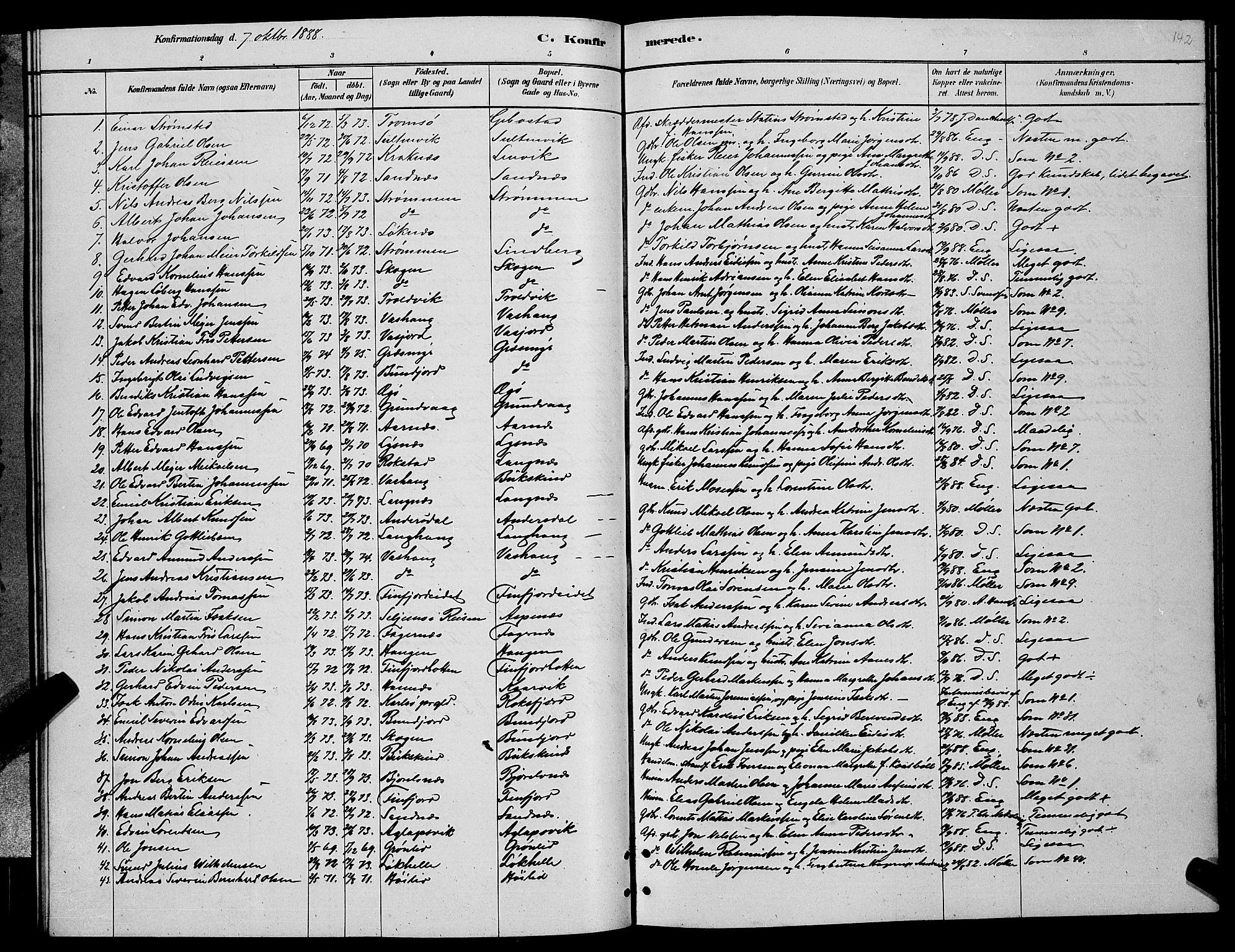 Lenvik sokneprestembete, SATØ/S-1310/H/Ha/Hab/L0006klokker: Parish register (copy) no. 6, 1881-1889, p. 142