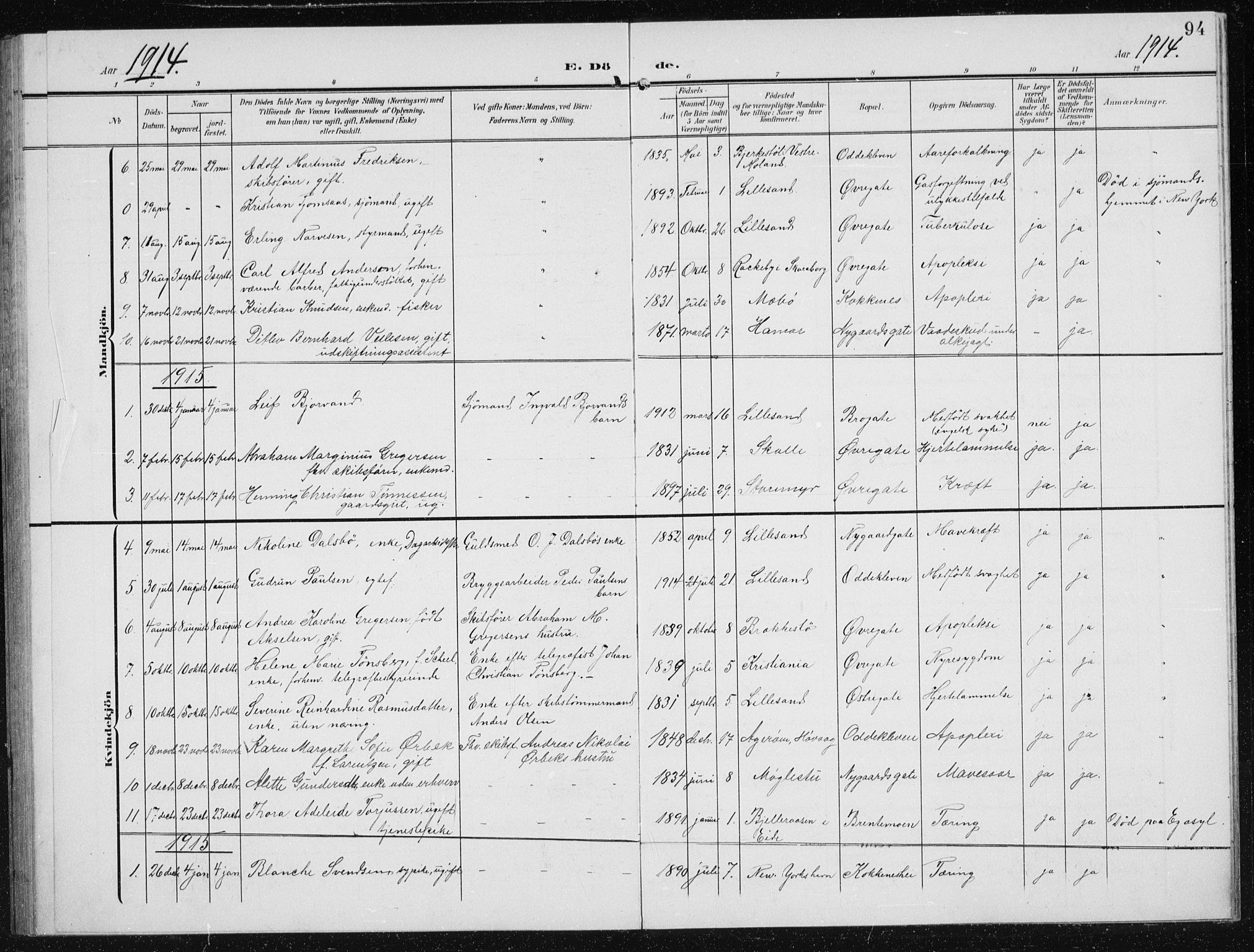 Vestre Moland sokneprestkontor, SAK/1111-0046/F/Fb/Fba/L0002: Parish register (copy) no. B 2, 1904-1934, p. 94
