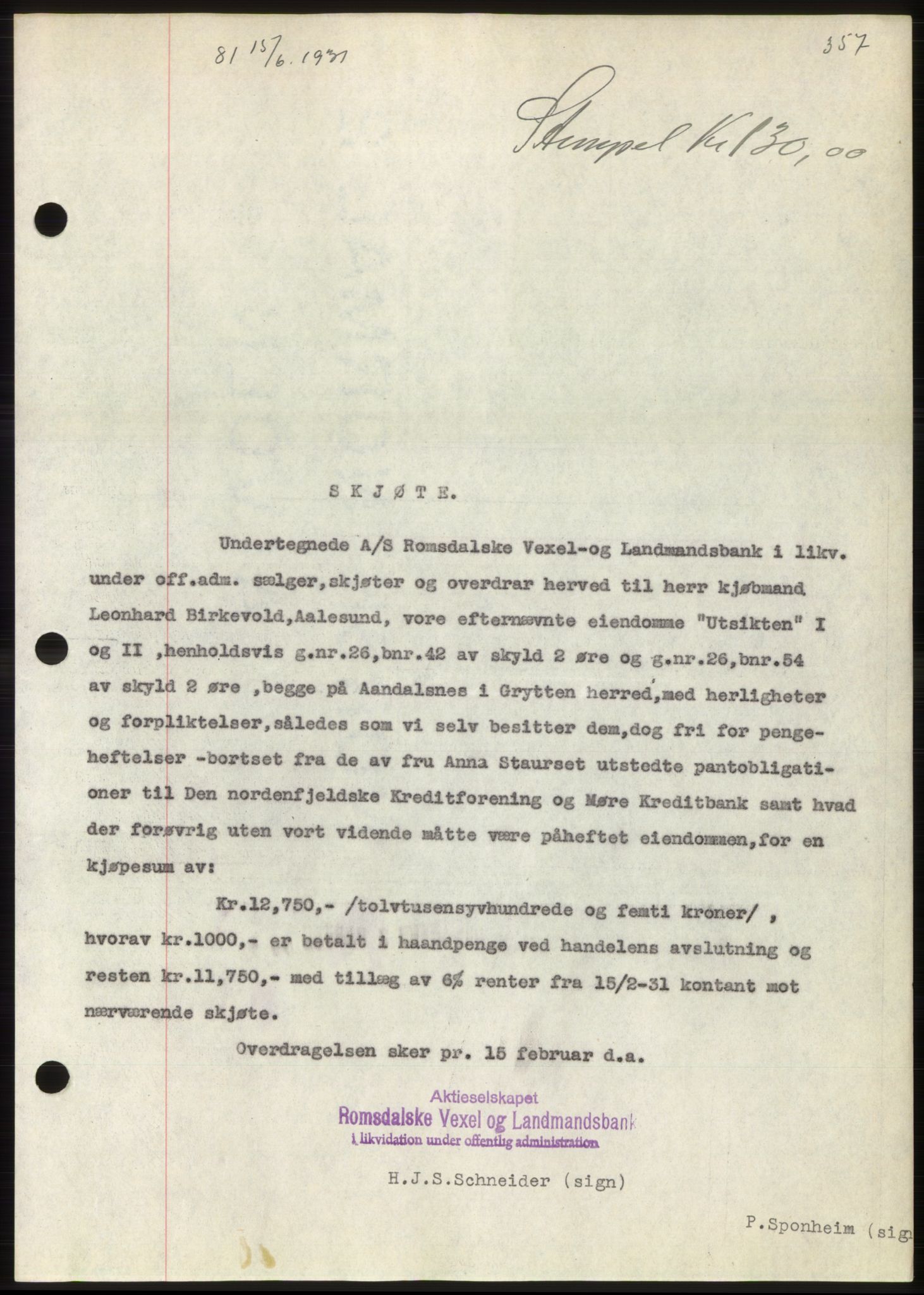 Romsdal sorenskriveri, AV/SAT-A-4149/1/2/2C/L0059: Mortgage book no. 53, 1931-1931, Deed date: 15.06.1931