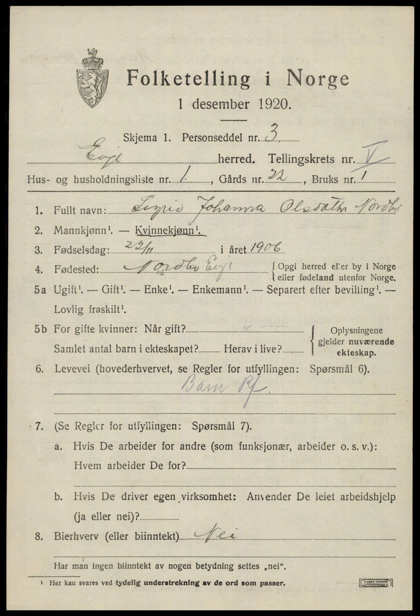 SAK, 1920 census for Evje, 1920, p. 1574