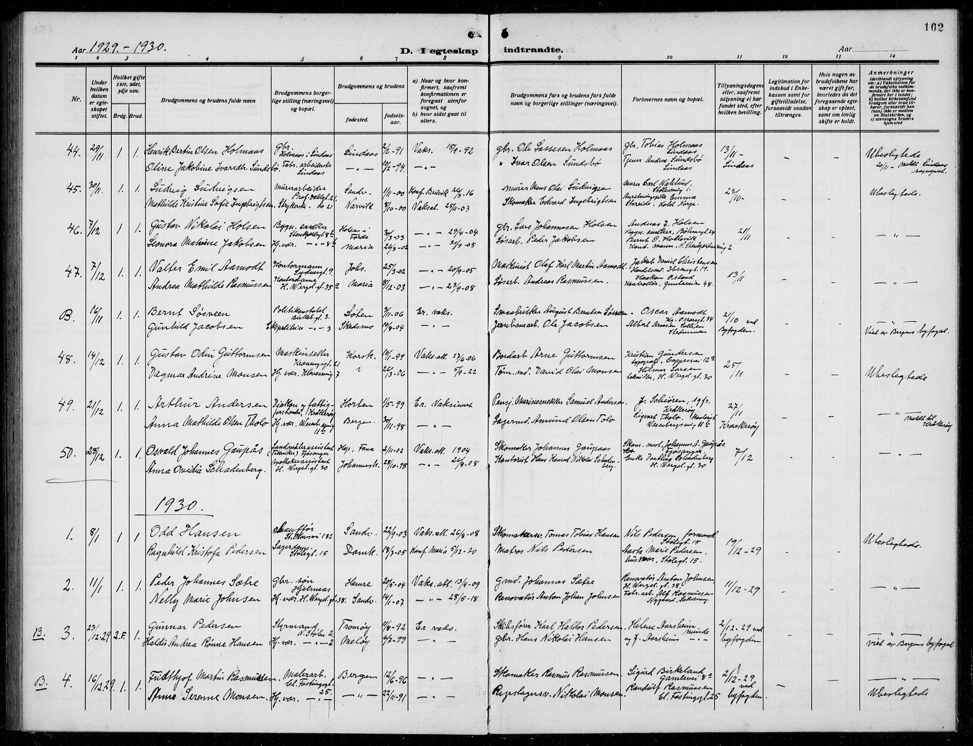 Mariakirken Sokneprestembete, AV/SAB-A-76901/H/Hab/L0010: Parish register (copy) no. A 10, 1920-1937, p. 162