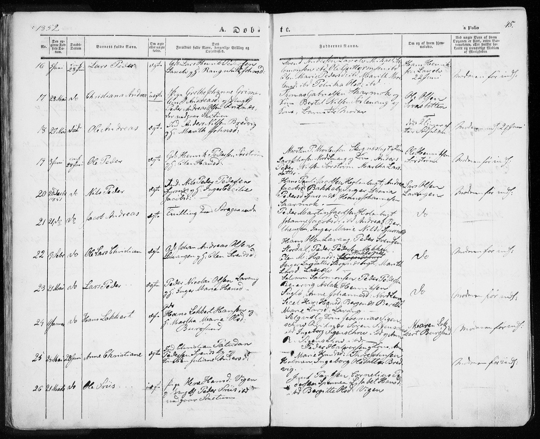Karlsøy sokneprestembete, SATØ/S-1299/H/Ha/Haa/L0003kirke: Parish register (official) no. 3, 1843-1860, p. 45