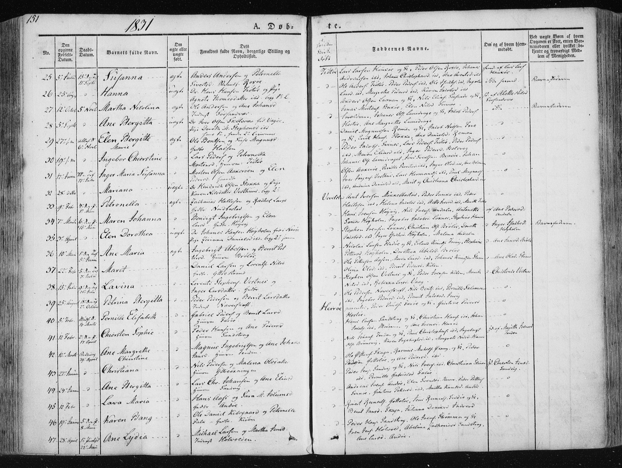 Ministerialprotokoller, klokkerbøker og fødselsregistre - Nordland, SAT/A-1459/830/L0446: Parish register (official) no. 830A10, 1831-1865, p. 151