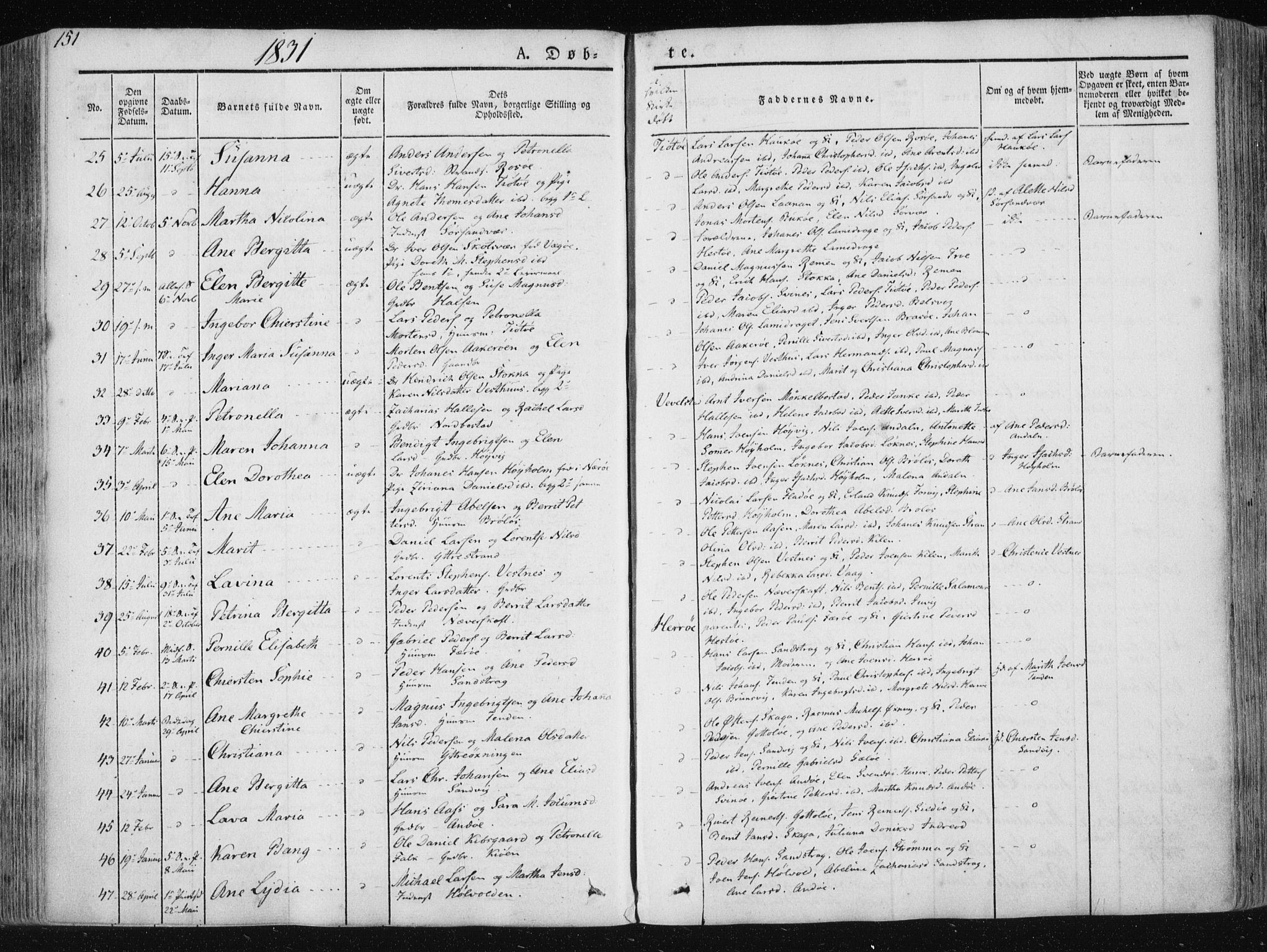 Ministerialprotokoller, klokkerbøker og fødselsregistre - Nordland, AV/SAT-A-1459/830/L0446: Parish register (official) no. 830A10, 1831-1865, p. 151