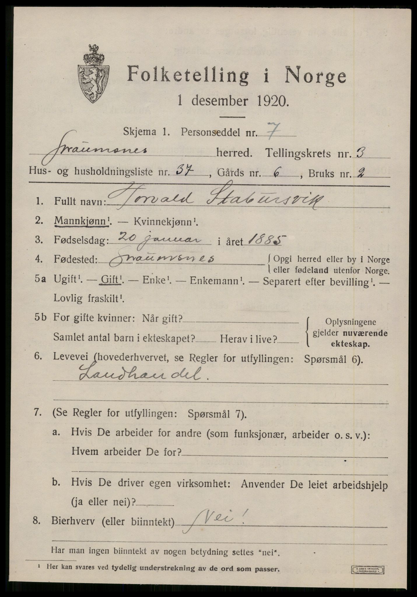 SAT, 1920 census for Straumsnes, 1920, p. 1539