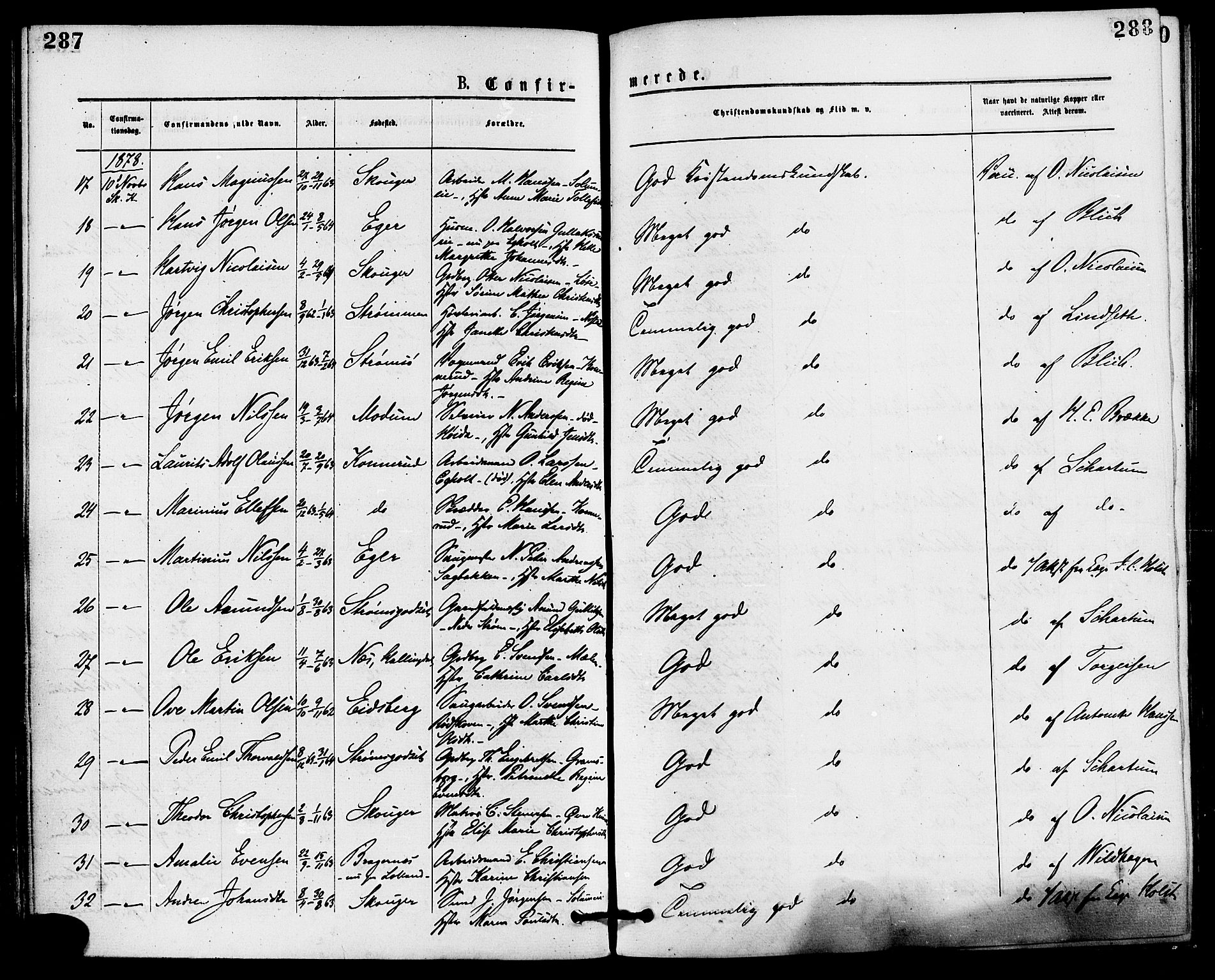 Skoger kirkebøker, AV/SAKO-A-59/F/Fa/L0005: Parish register (official) no. I 5, 1873-1884, p. 287-288