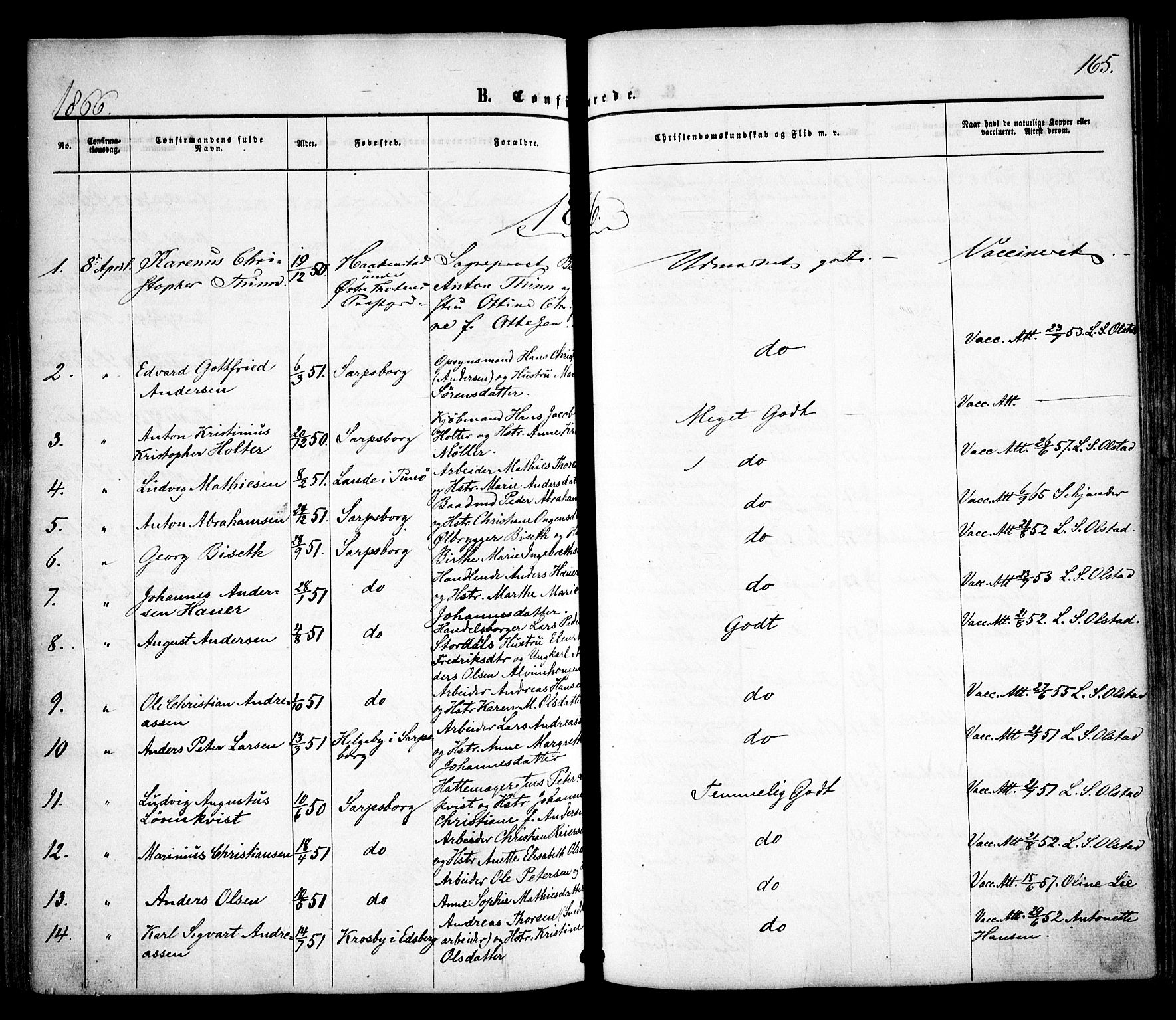 Sarpsborg prestekontor Kirkebøker, SAO/A-2006/F/Fa/L0001: Parish register (official) no. 1, 1859-1868, p. 165
