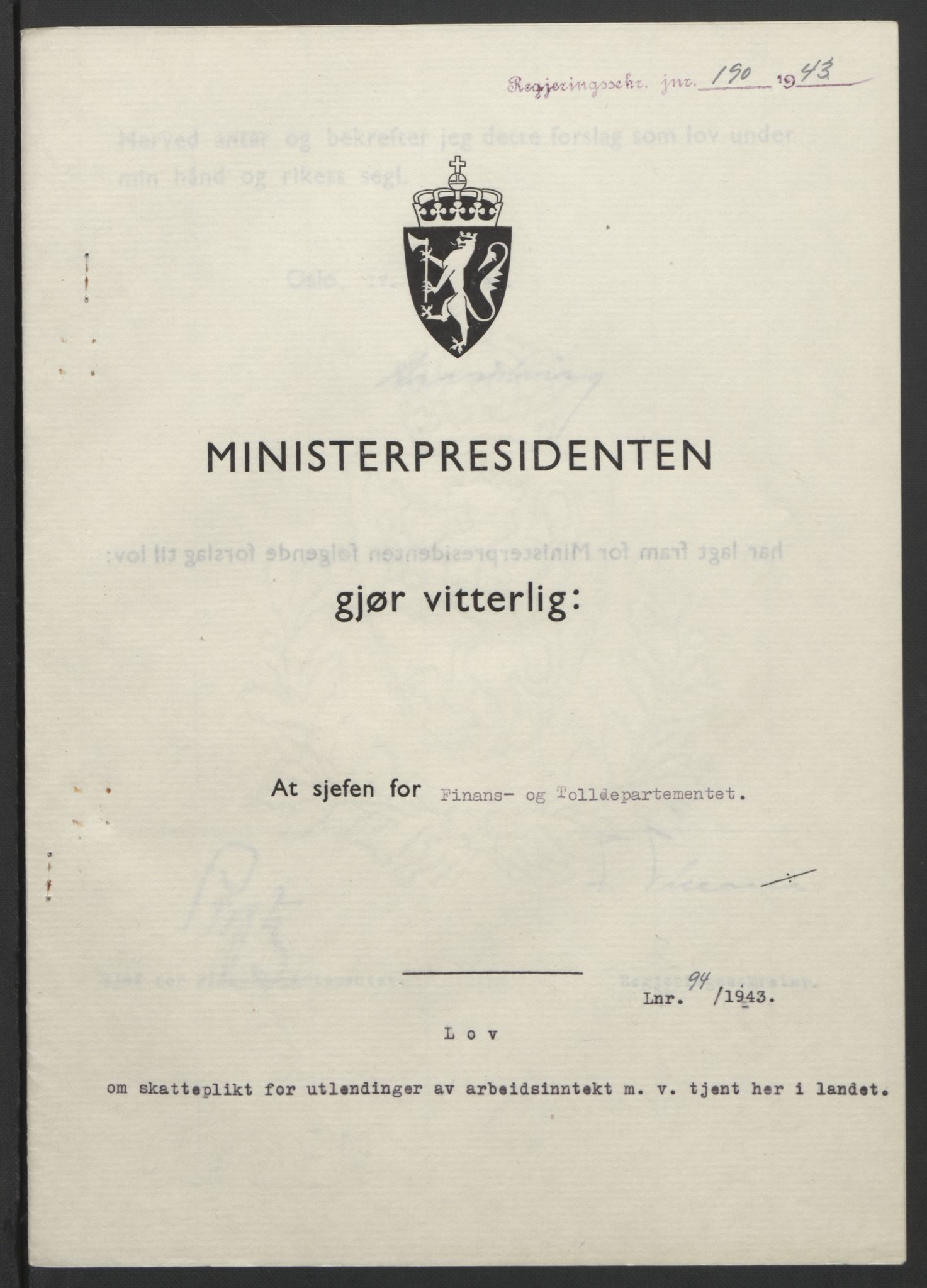 NS-administrasjonen 1940-1945 (Statsrådsekretariatet, de kommisariske statsråder mm), AV/RA-S-4279/D/Db/L0099: Lover, 1943, p. 425