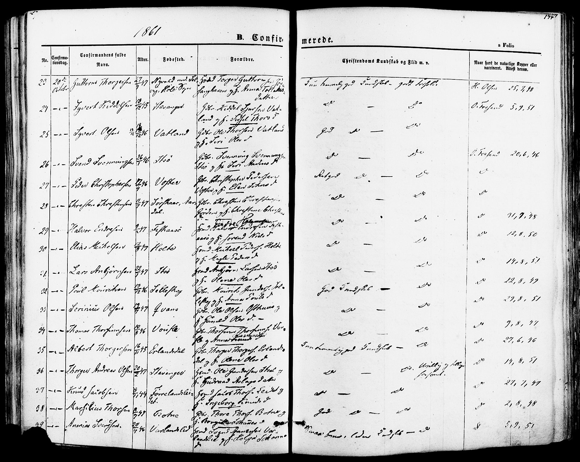 Strand sokneprestkontor, AV/SAST-A-101828/H/Ha/Haa/L0007: Parish register (official) no. A 7, 1855-1881, p. 174