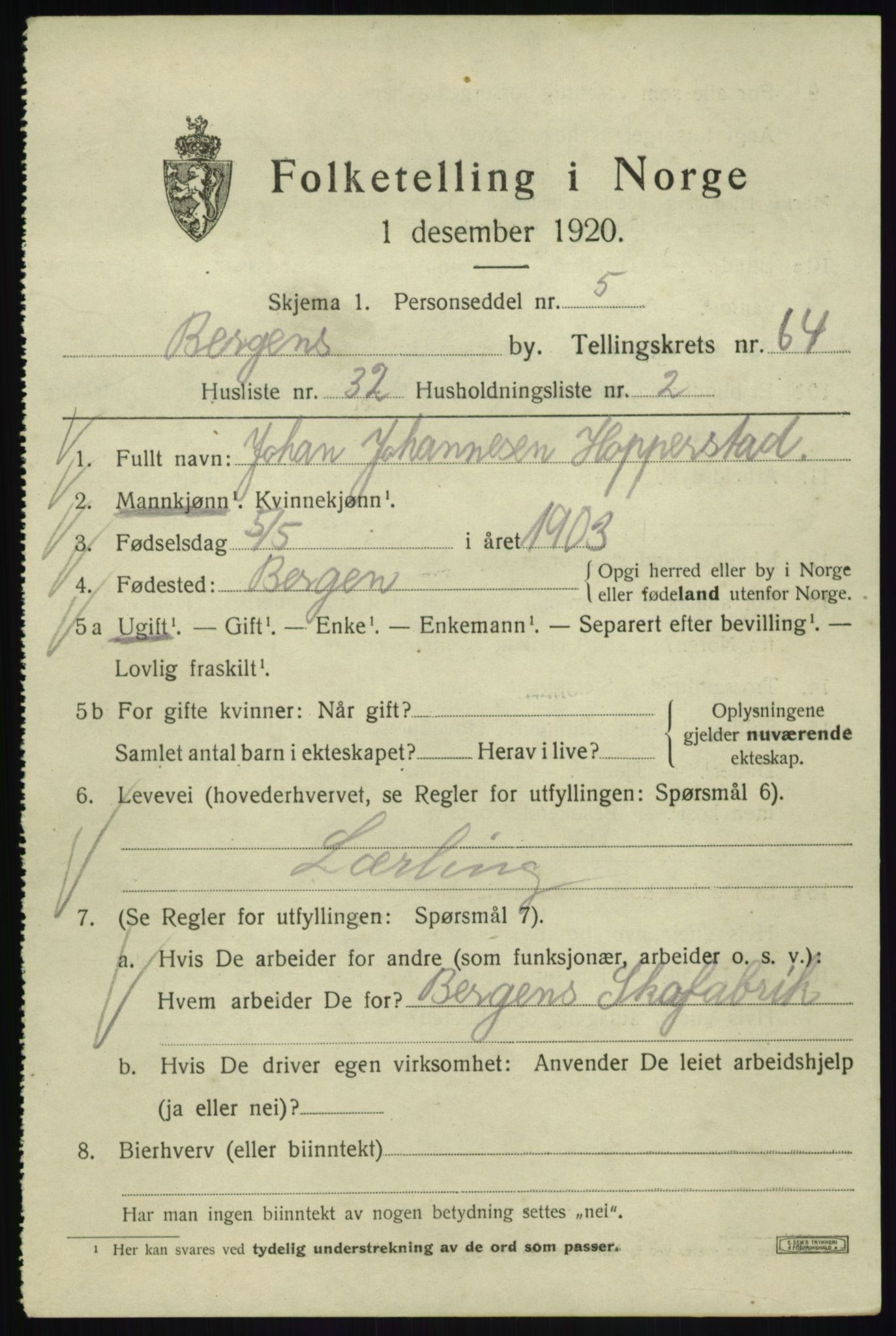 SAB, 1920 census for Bergen, 1920, p. 133061
