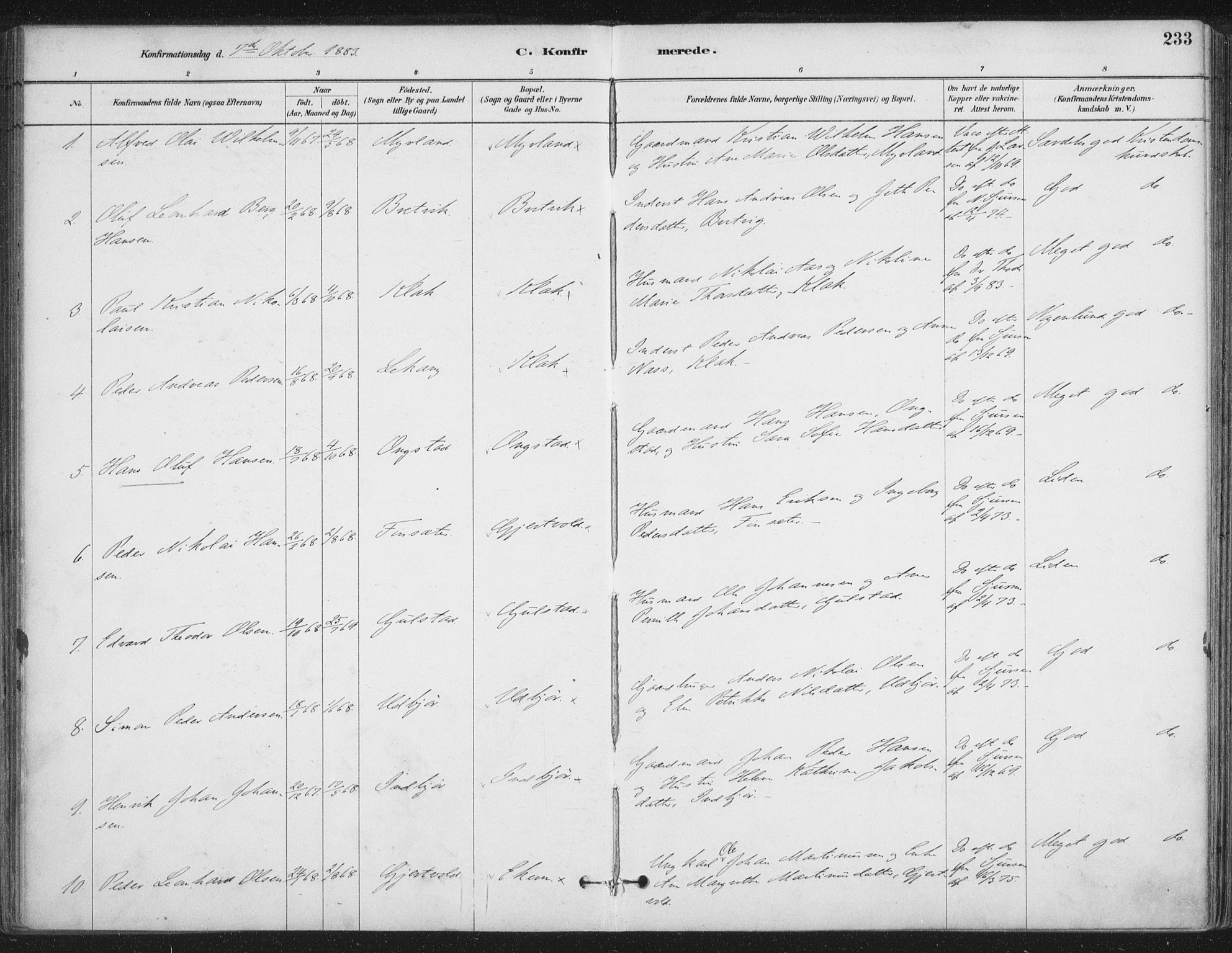 Ministerialprotokoller, klokkerbøker og fødselsregistre - Nordland, AV/SAT-A-1459/888/L1244: Parish register (official) no. 888A10, 1880-1890, p. 233