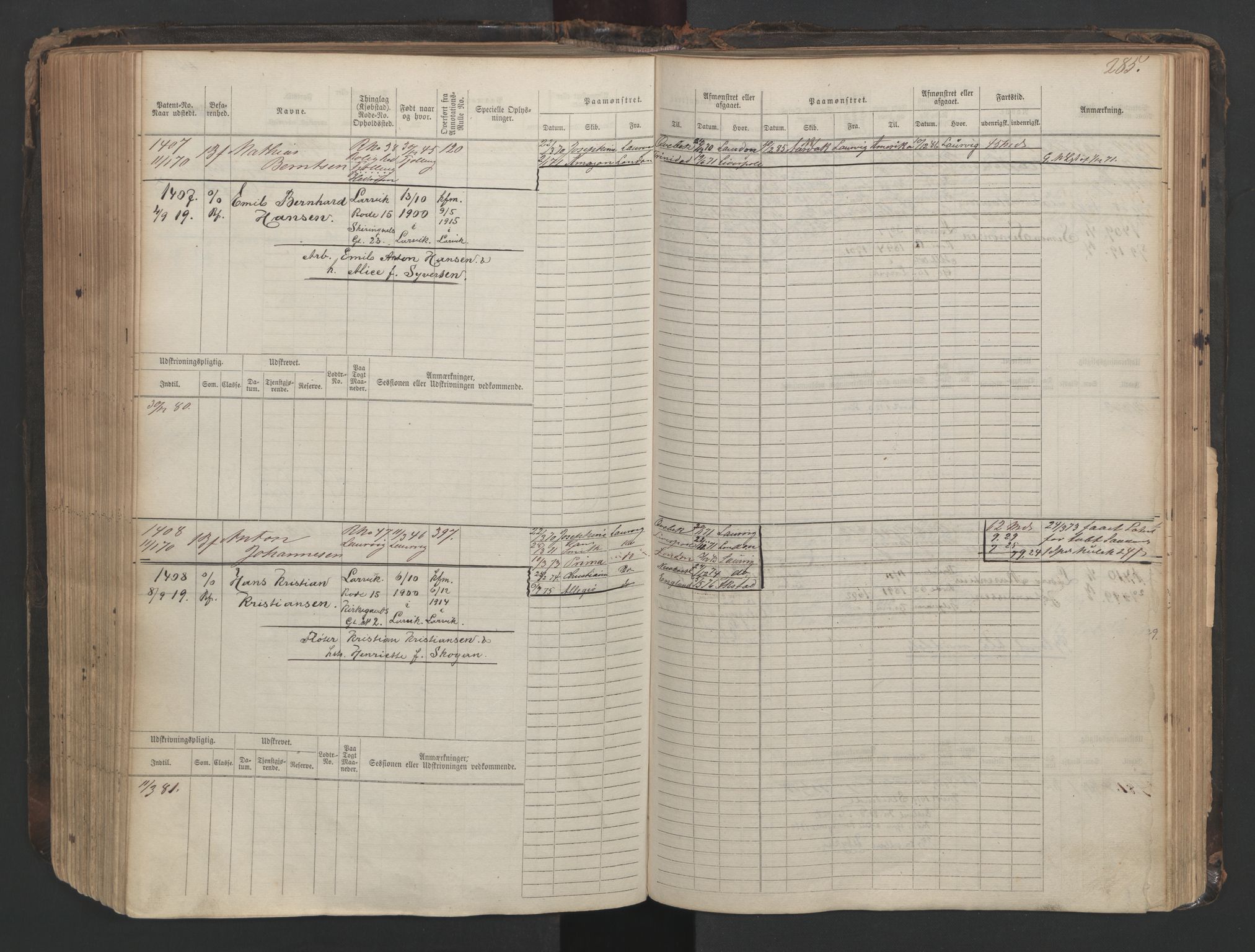 Larvik innrulleringskontor, SAKO/A-787/F/Fc/L0003: Hovedrulle, 1868, p. 285