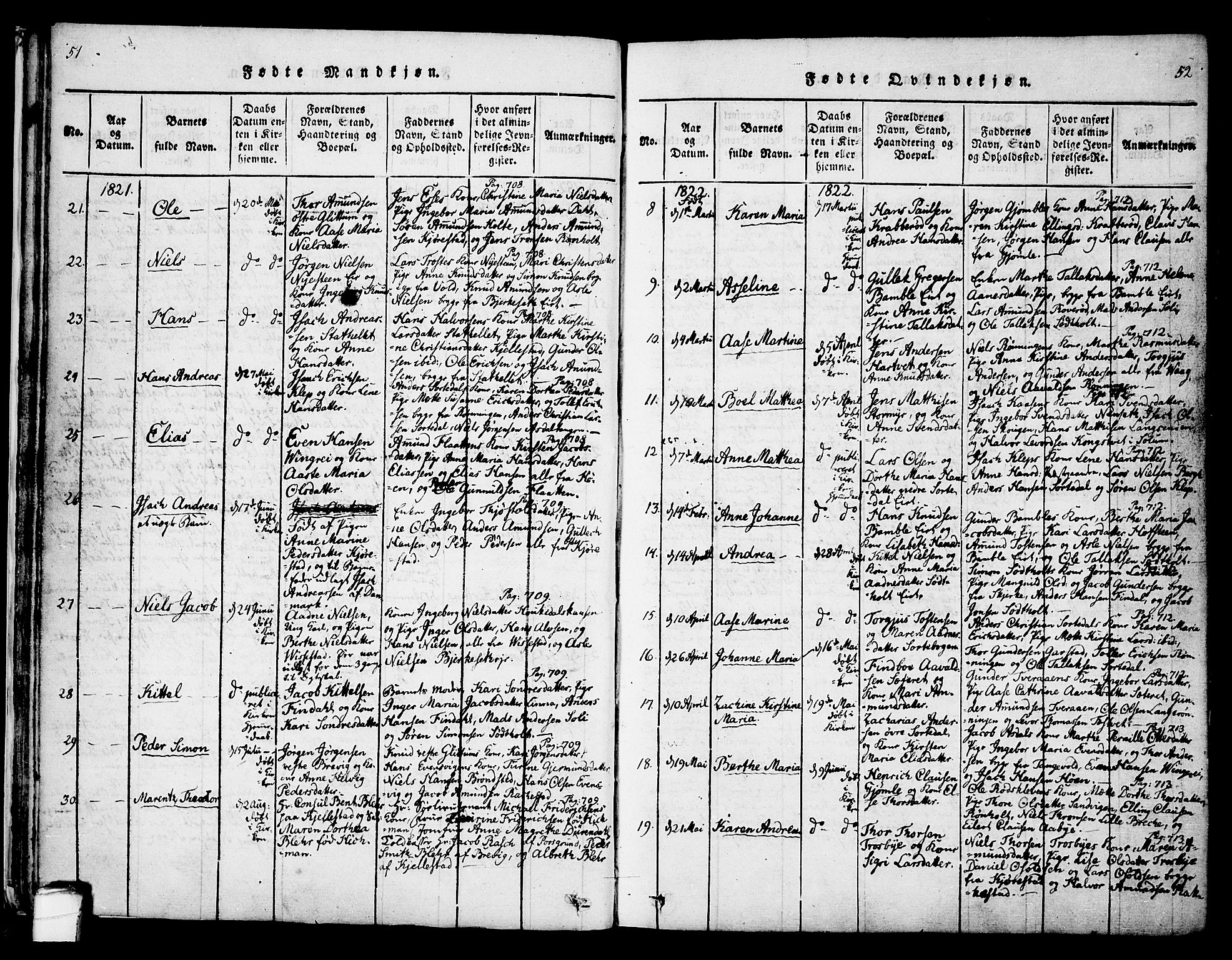 Bamble kirkebøker, SAKO/A-253/F/Fa/L0003: Parish register (official) no. I 3 /1, 1814-1834, p. 51-52