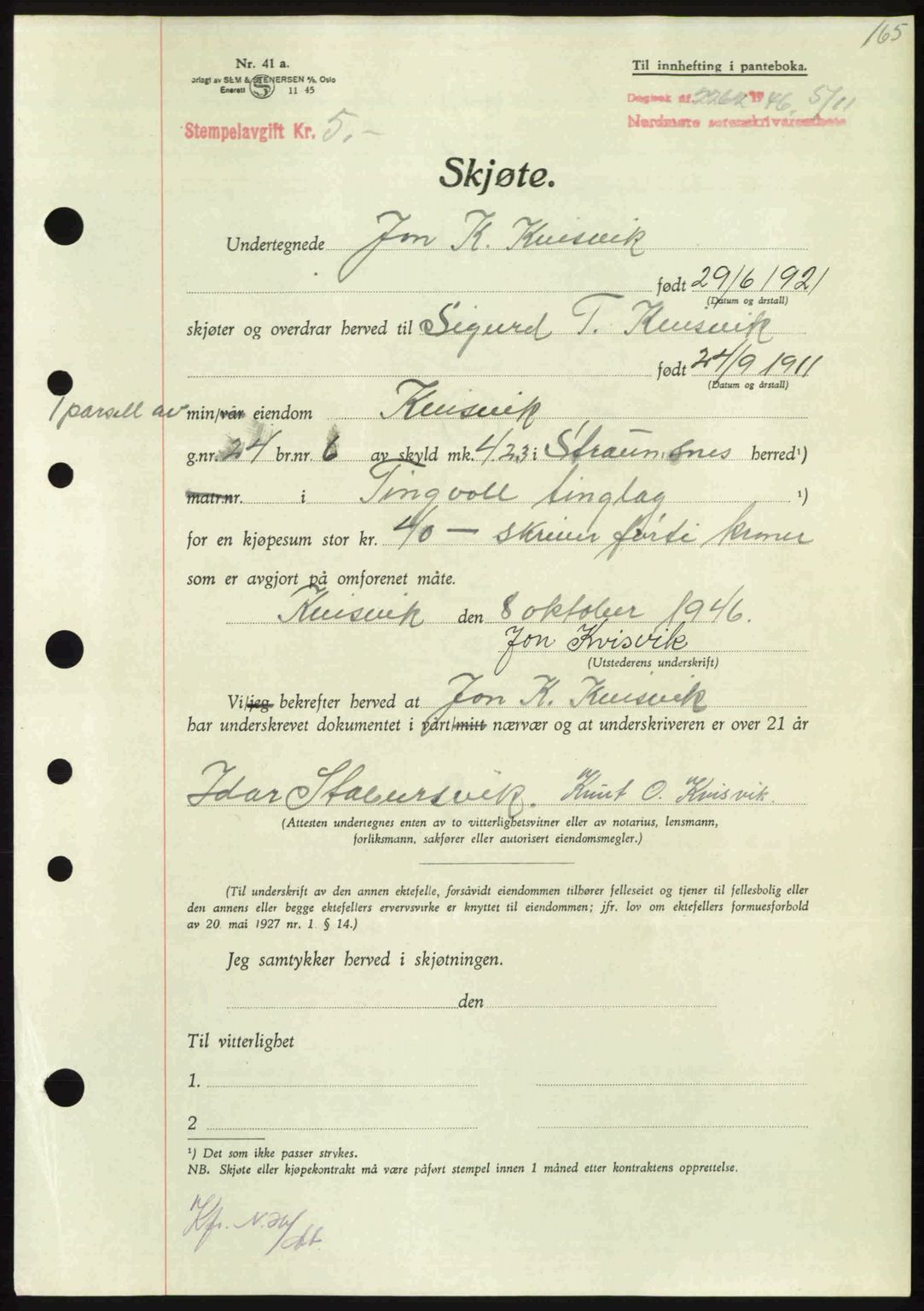 Nordmøre sorenskriveri, AV/SAT-A-4132/1/2/2Ca: Mortgage book no. A103, 1946-1947, Diary no: : 2262/1946