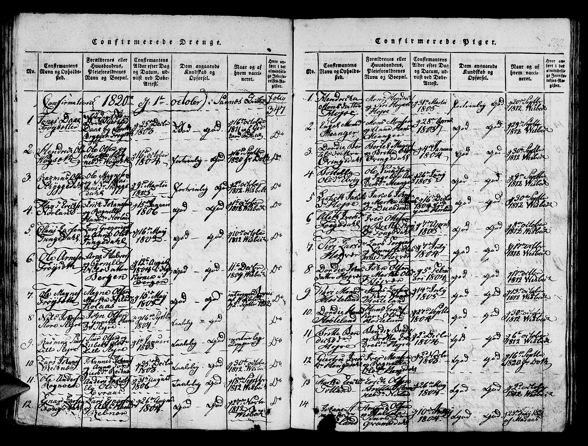 Lindås Sokneprestembete, AV/SAB-A-76701/H/Haa/Haaa/L0007: Parish register (official) no. A 7, 1816-1823, p. 250