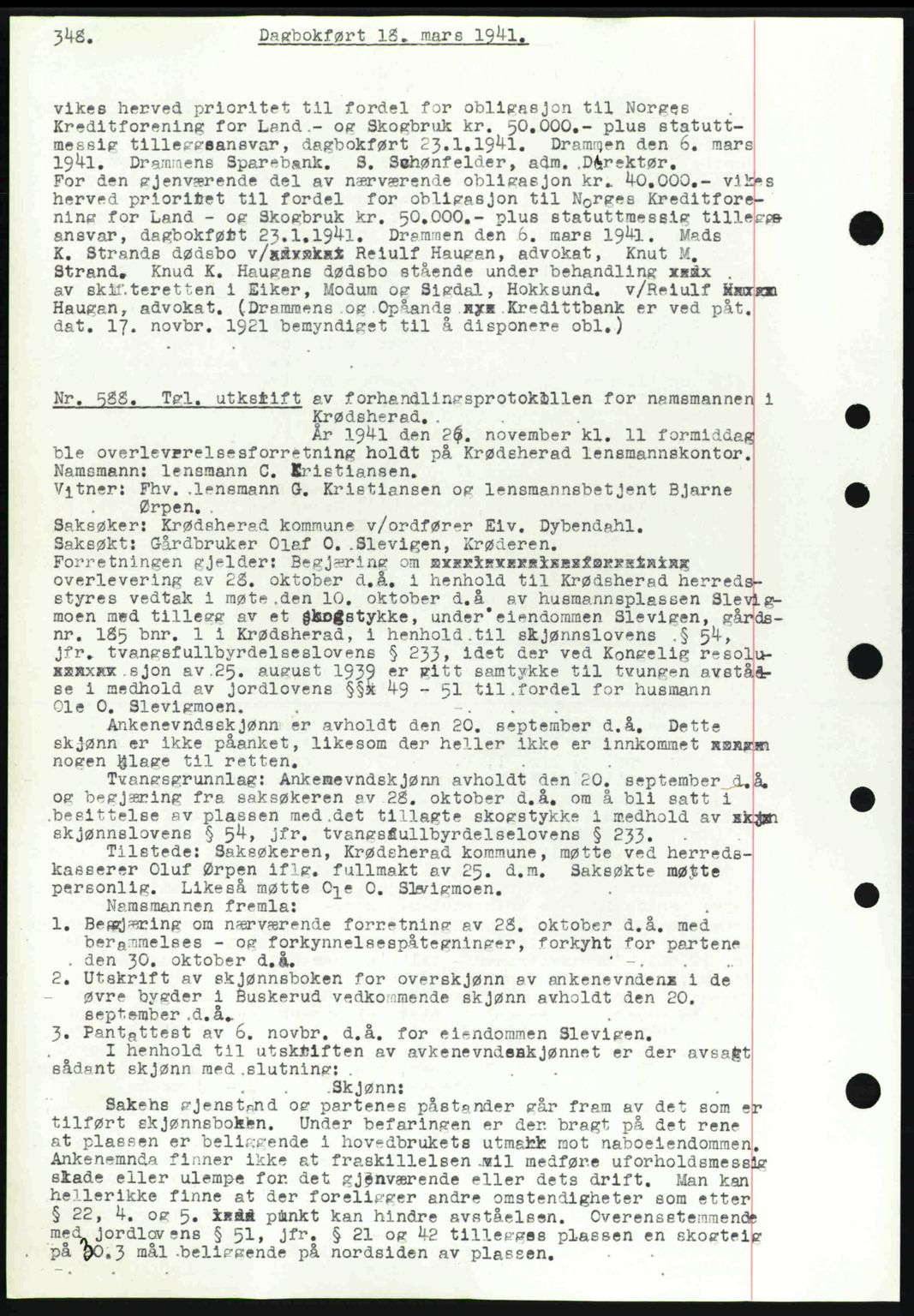 Eiker, Modum og Sigdal sorenskriveri, SAKO/A-123/G/Ga/Gab/L0043: Mortgage book no. A13, 1940-1941, Diary no: : 588/1941