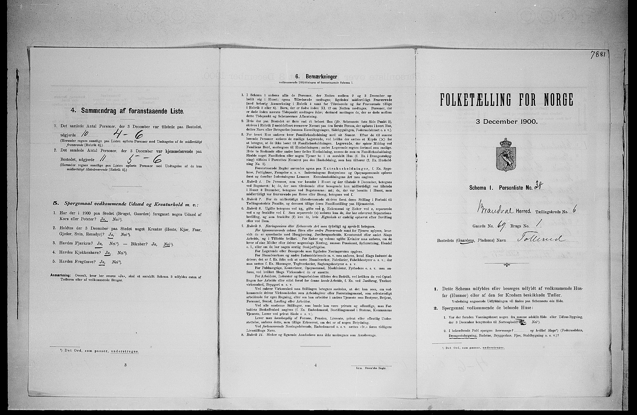 SAH, 1900 census for Brandval, 1900, p. 800