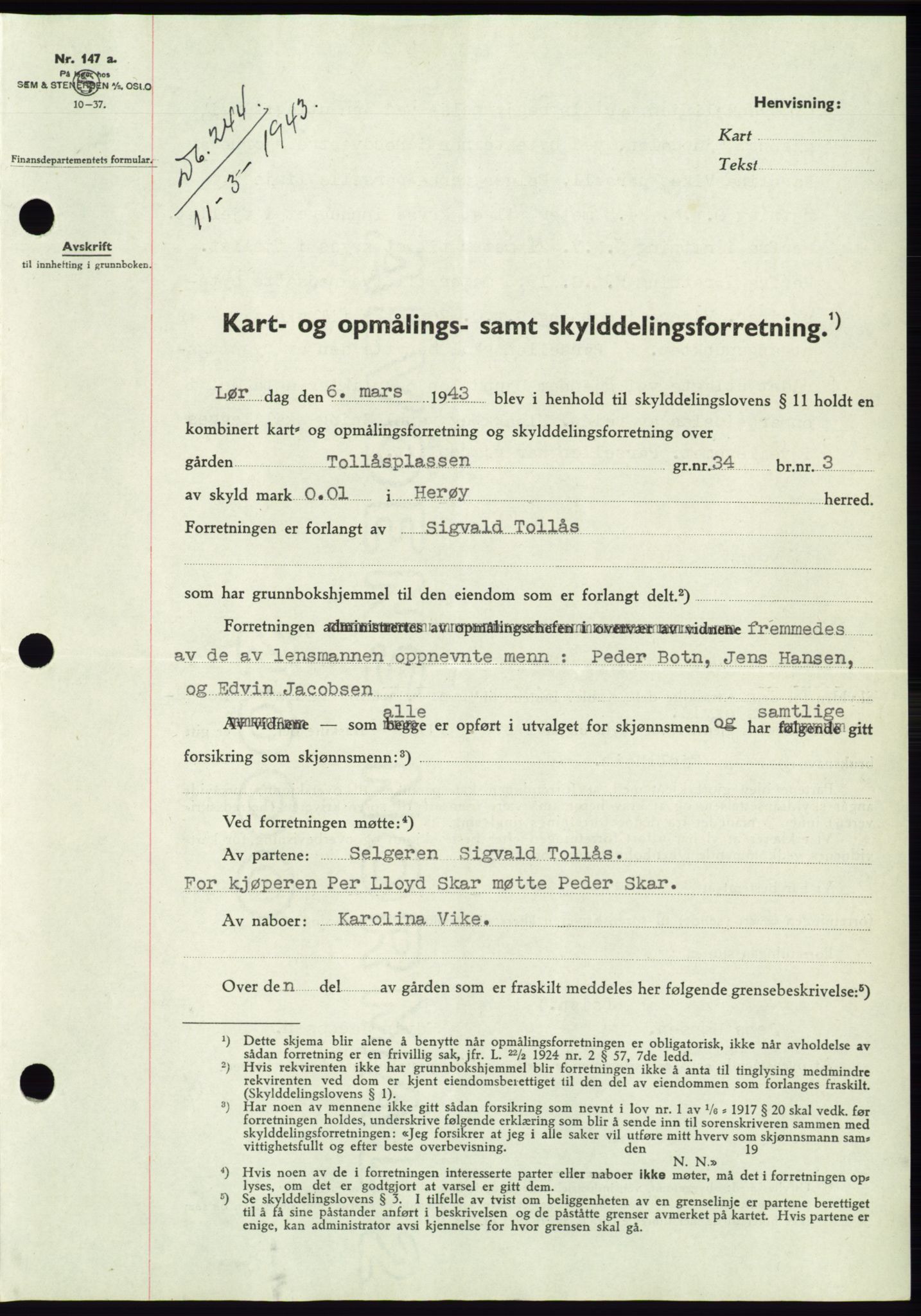 Søre Sunnmøre sorenskriveri, AV/SAT-A-4122/1/2/2C/L0075: Mortgage book no. 1A, 1943-1943, Diary no: : 244/1943