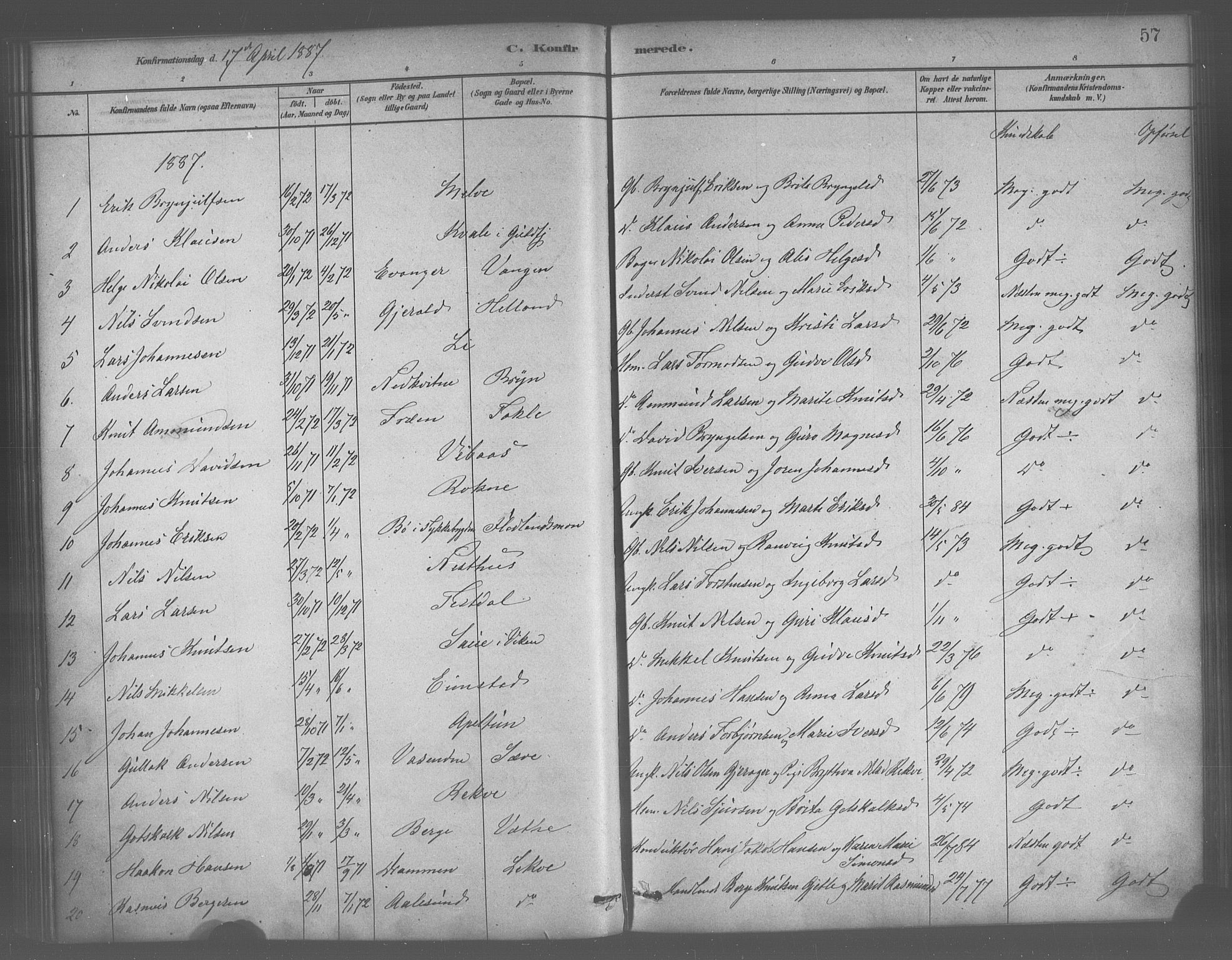 Voss sokneprestembete, SAB/A-79001/H/Haa: Parish register (official) no. B 1, 1877-1899, p. 57