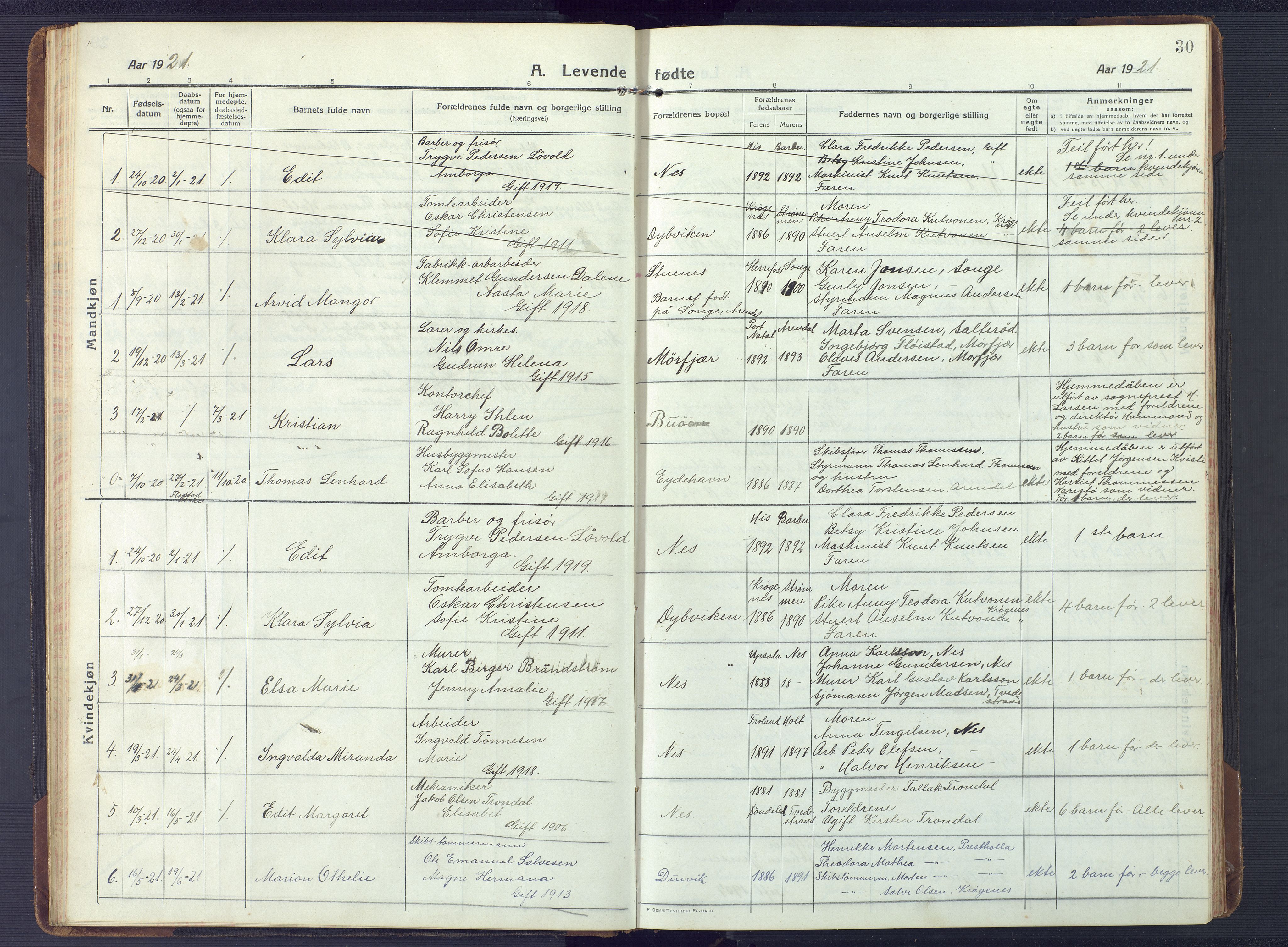 Austre Moland sokneprestkontor, SAK/1111-0001/F/Fb/Fbb/L0004: Parish register (copy) no. B 4, 1914-1929, p. 30
