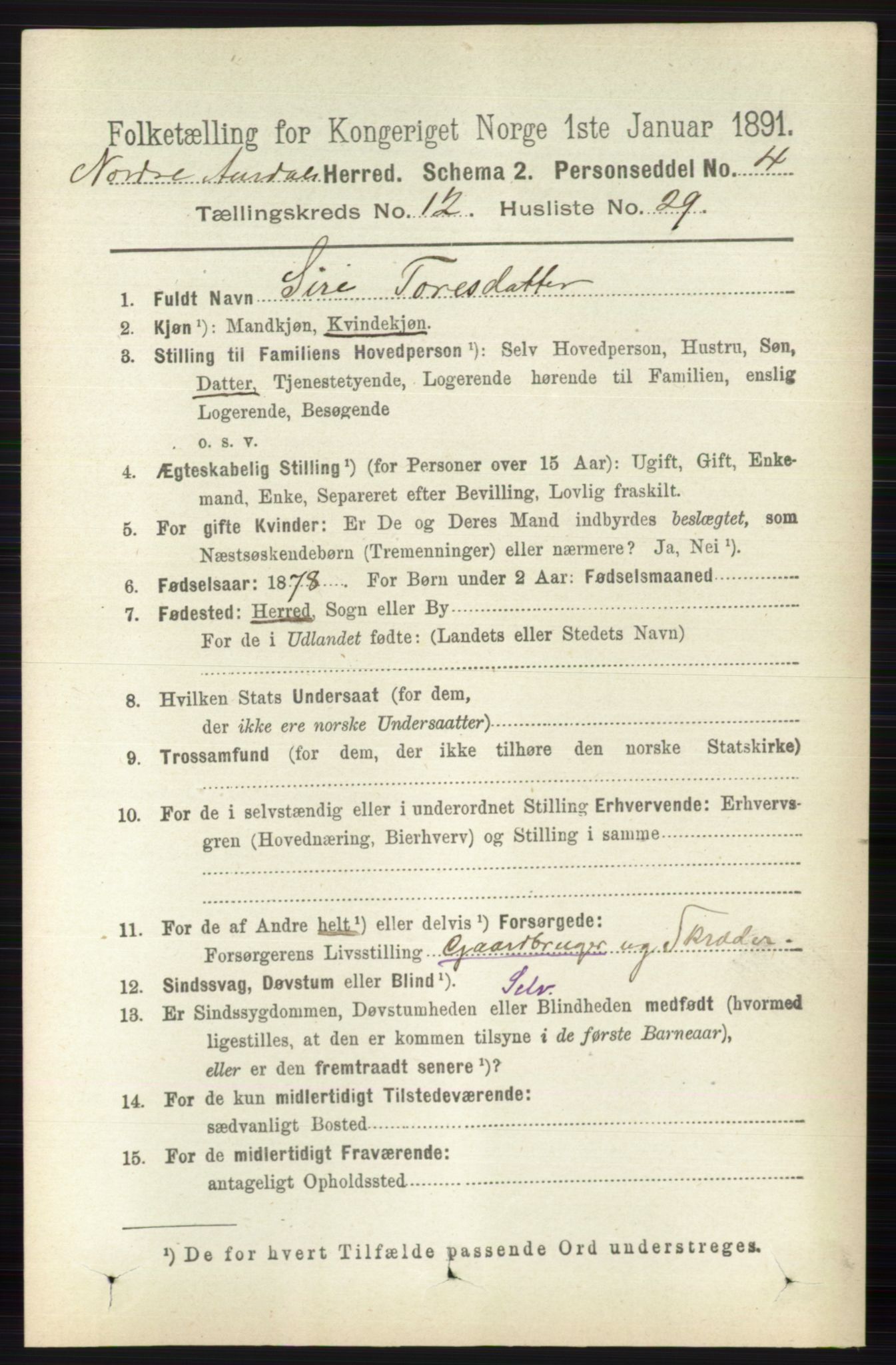 RA, 1891 census for 0542 Nord-Aurdal, 1891, p. 4651