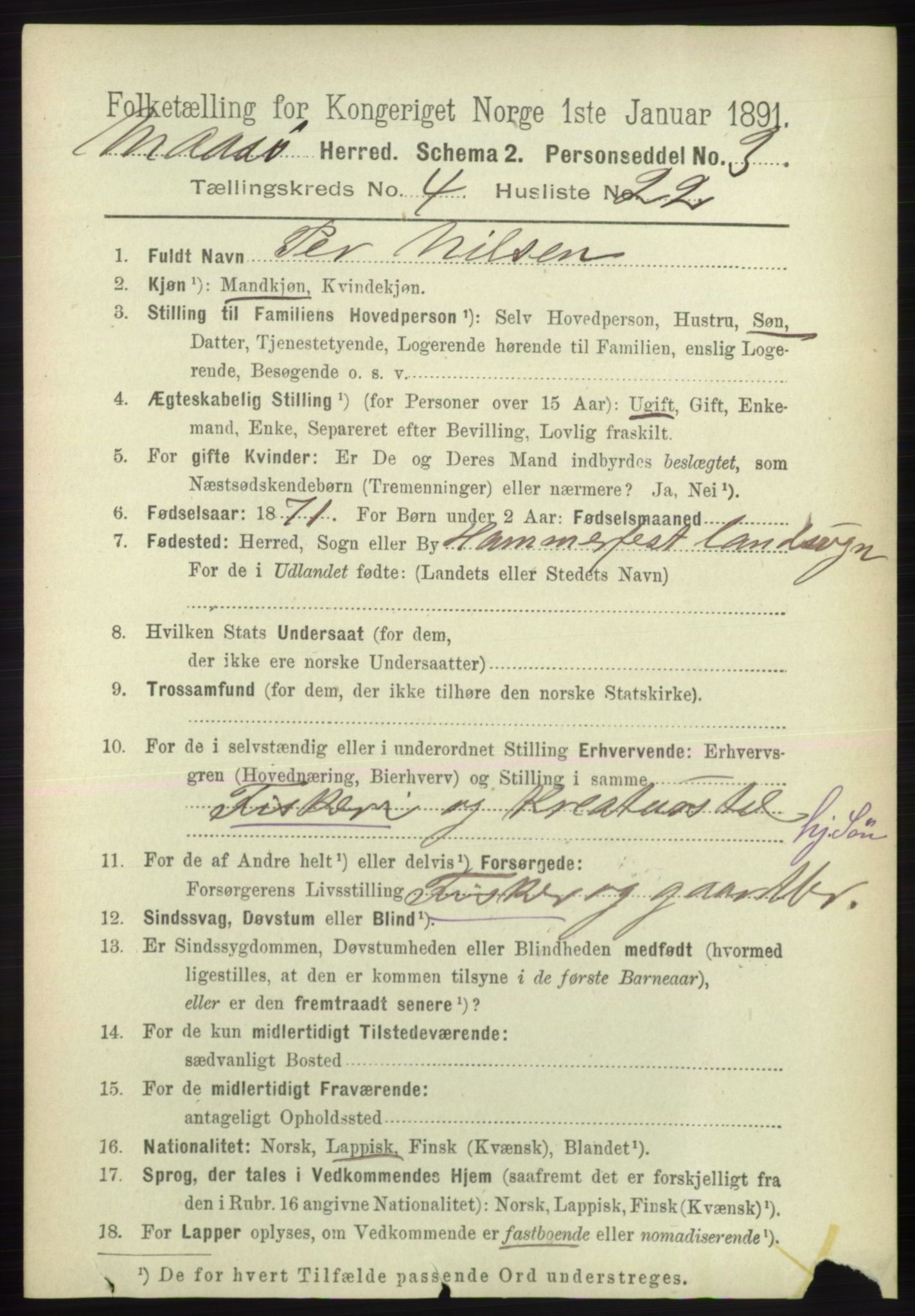 RA, 1891 census for 2018 Måsøy, 1891, p. 651